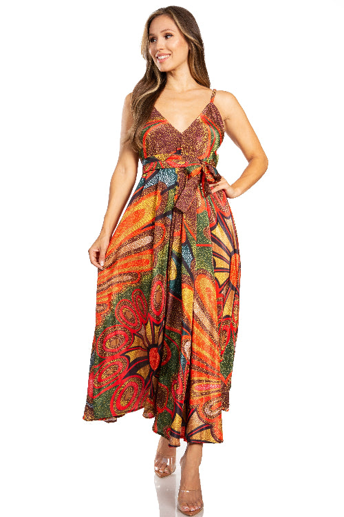 Woman wearing a colorful patterned dress on a white background