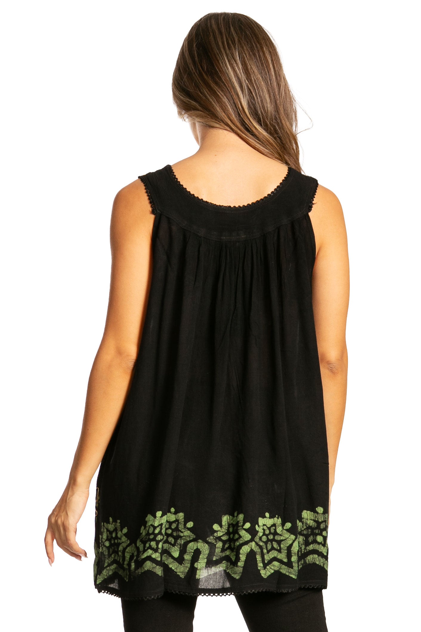 Black sleeveless top with green floral embroidery on a white background