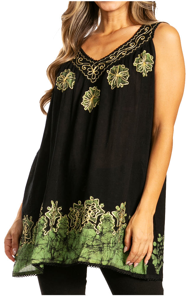 Black sleeveless top with green floral embroidery on a white background