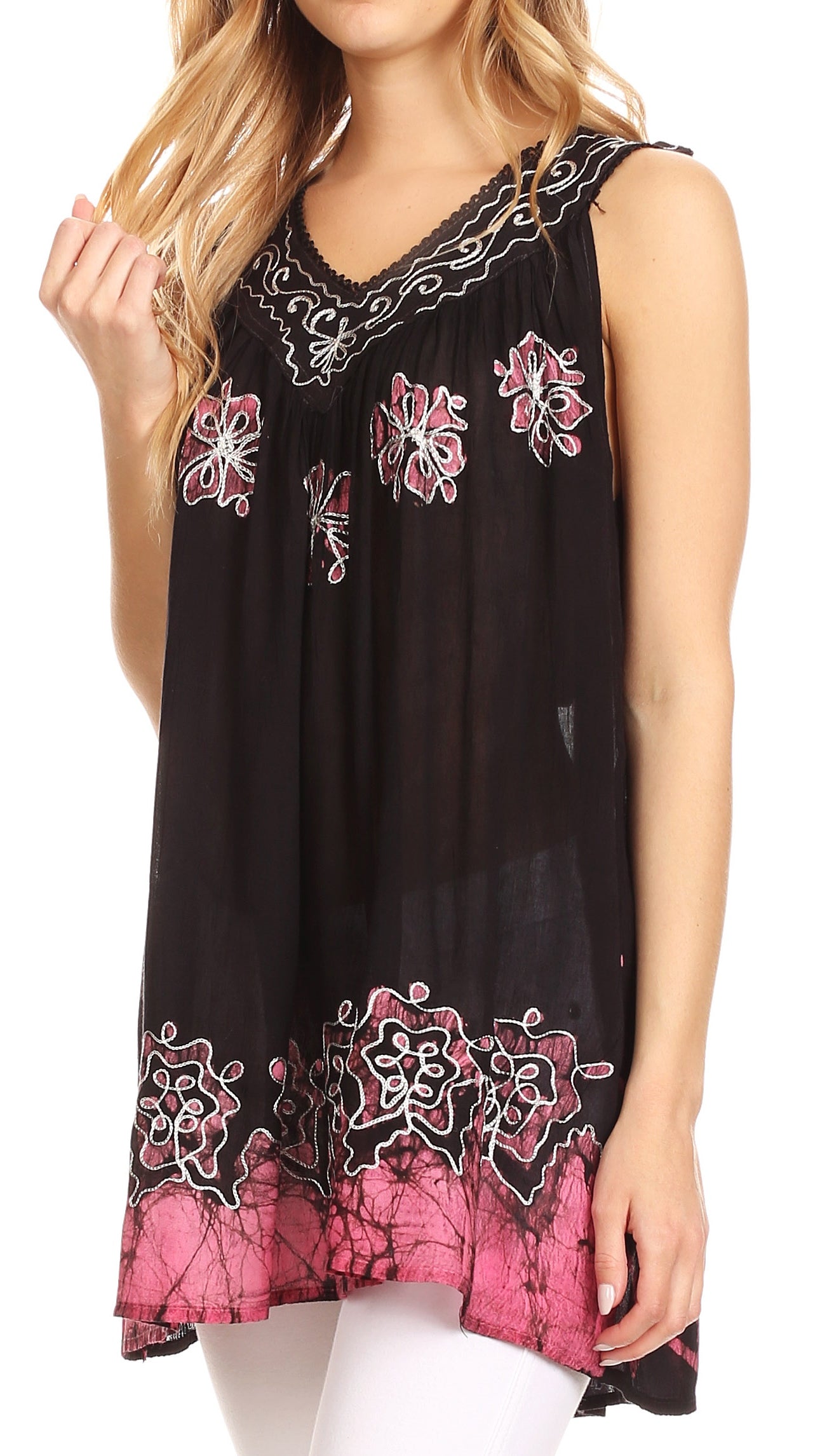 Black sleeveless top with pink floral embroidery on a white background