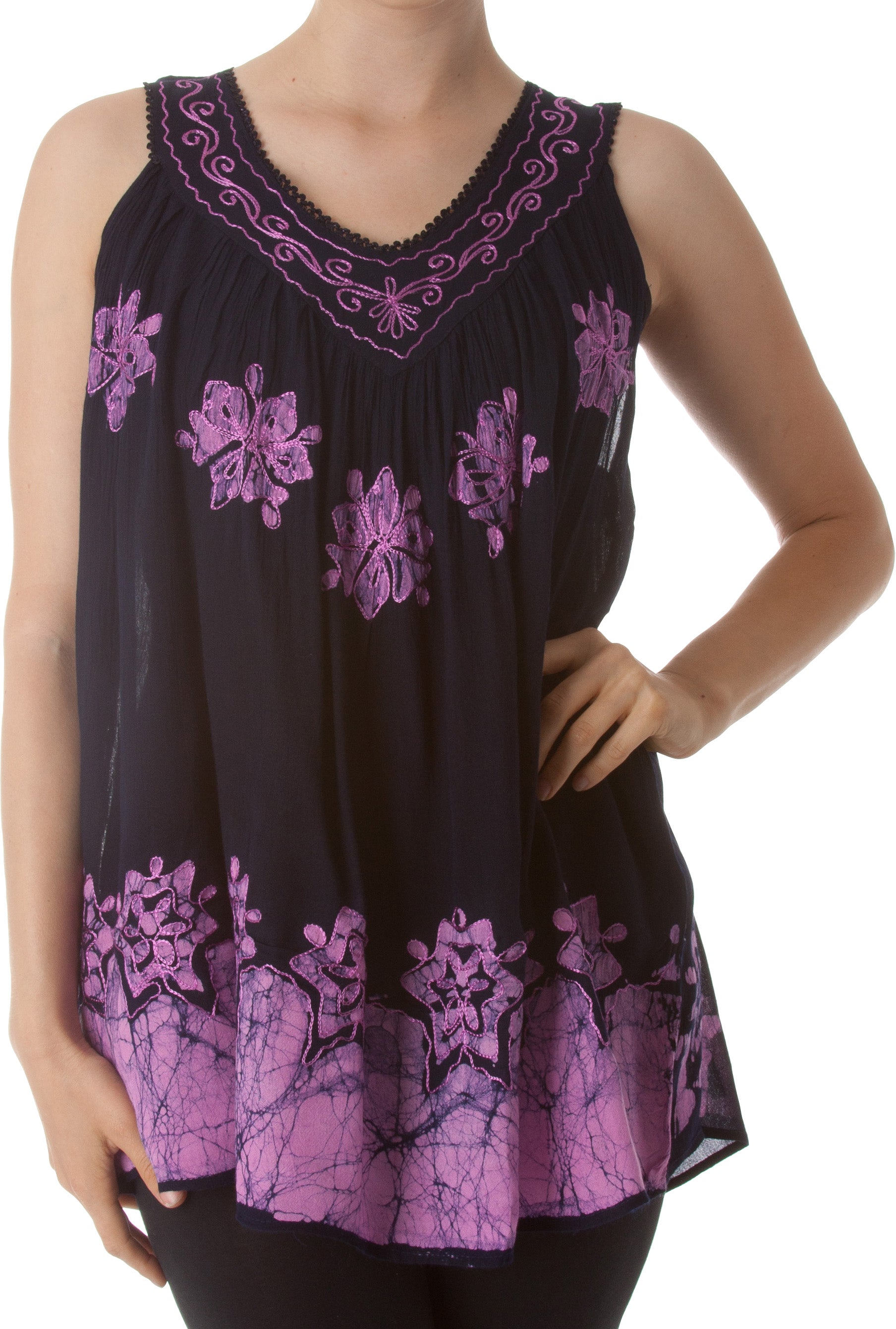 Black sleeveless top with purple floral embroidery on a white background