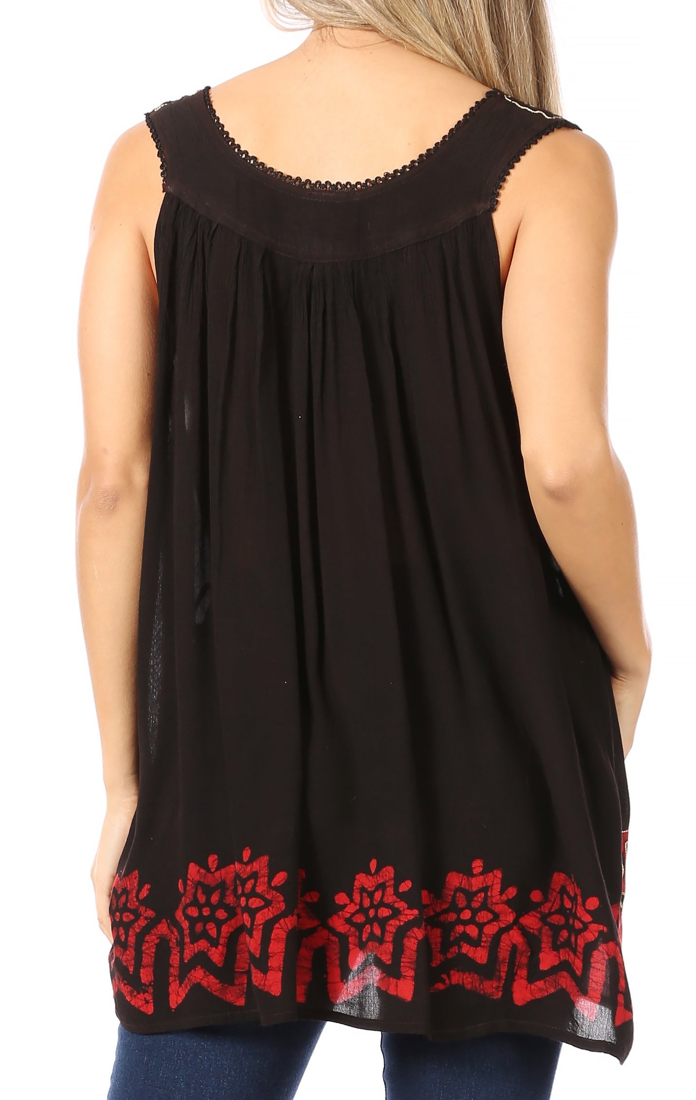 Black sleeveless top with red floral patterns on a white background