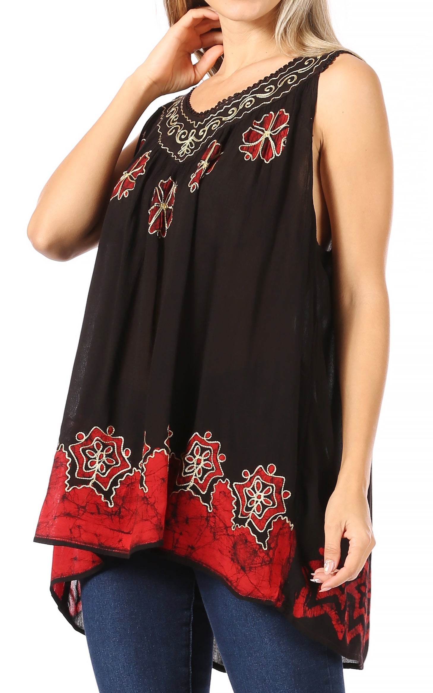Black sleeveless top with red and gold embroidery worn by a model on a white background