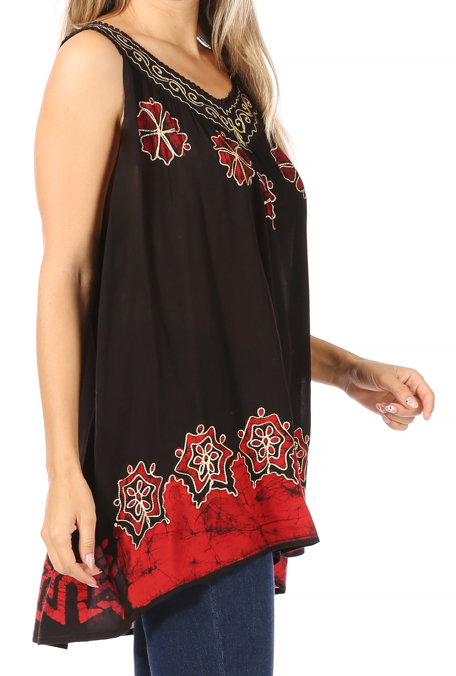 Black sleeveless top with red and white floral embroidery on a white background