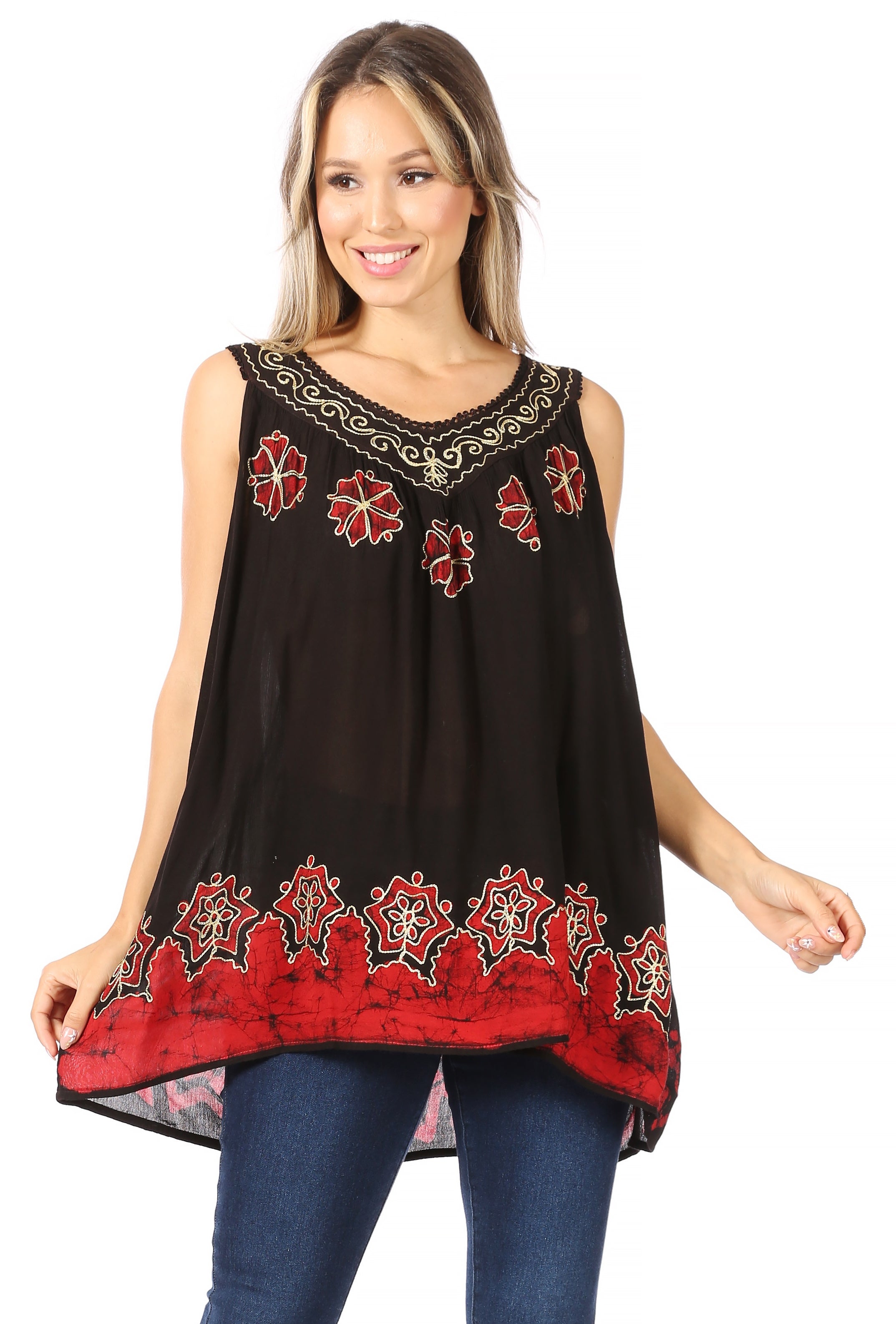 Woman wearing a black sleeveless top with red floral embroidery on a white background