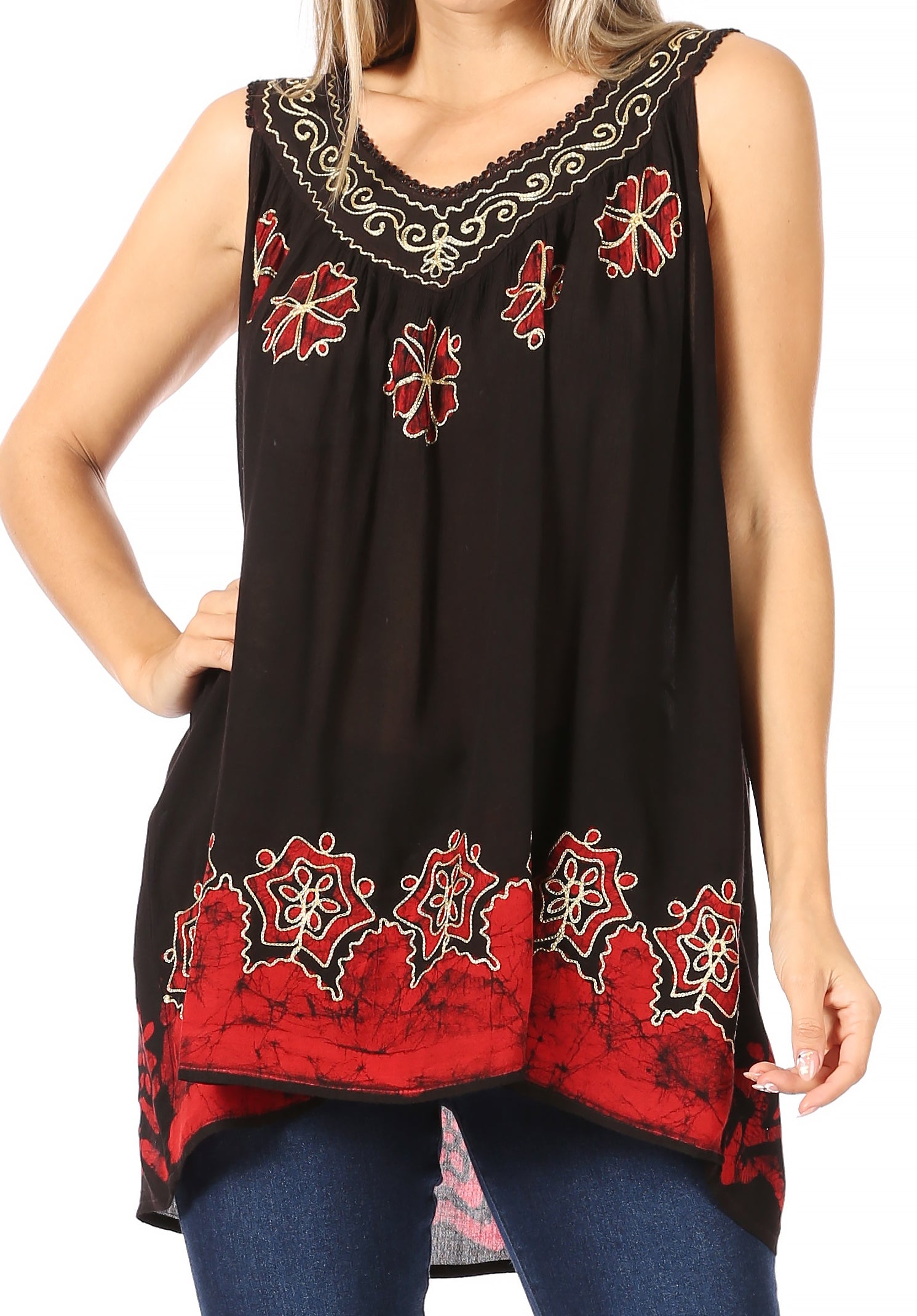 Black sleeveless top with red and gold embroidery worn by a person on a white background