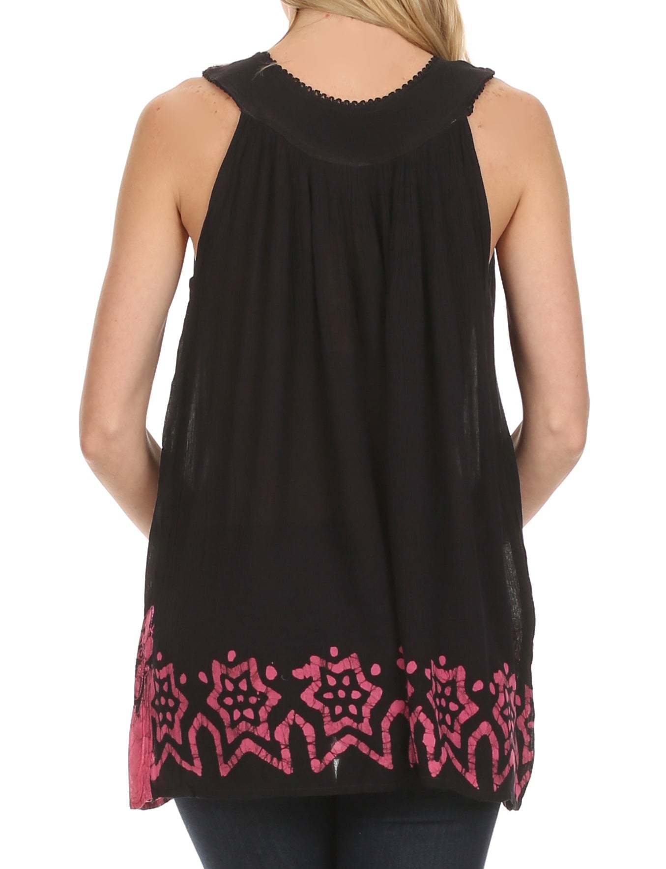 Black sleeveless top with pink floral patterns on a white background