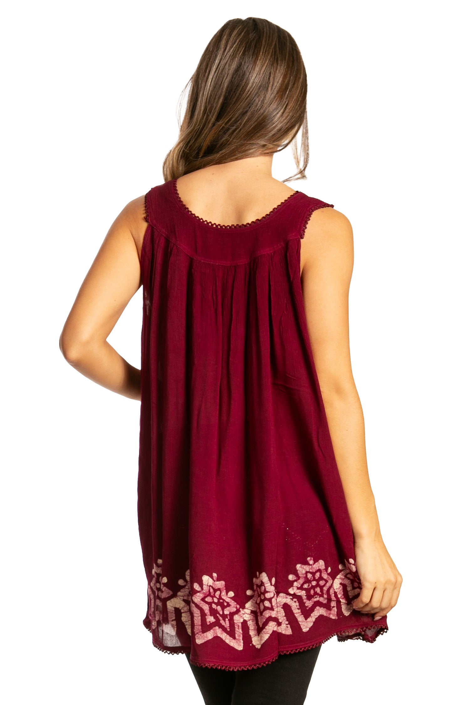 Maroon sleeveless top with floral embroidery on a white background