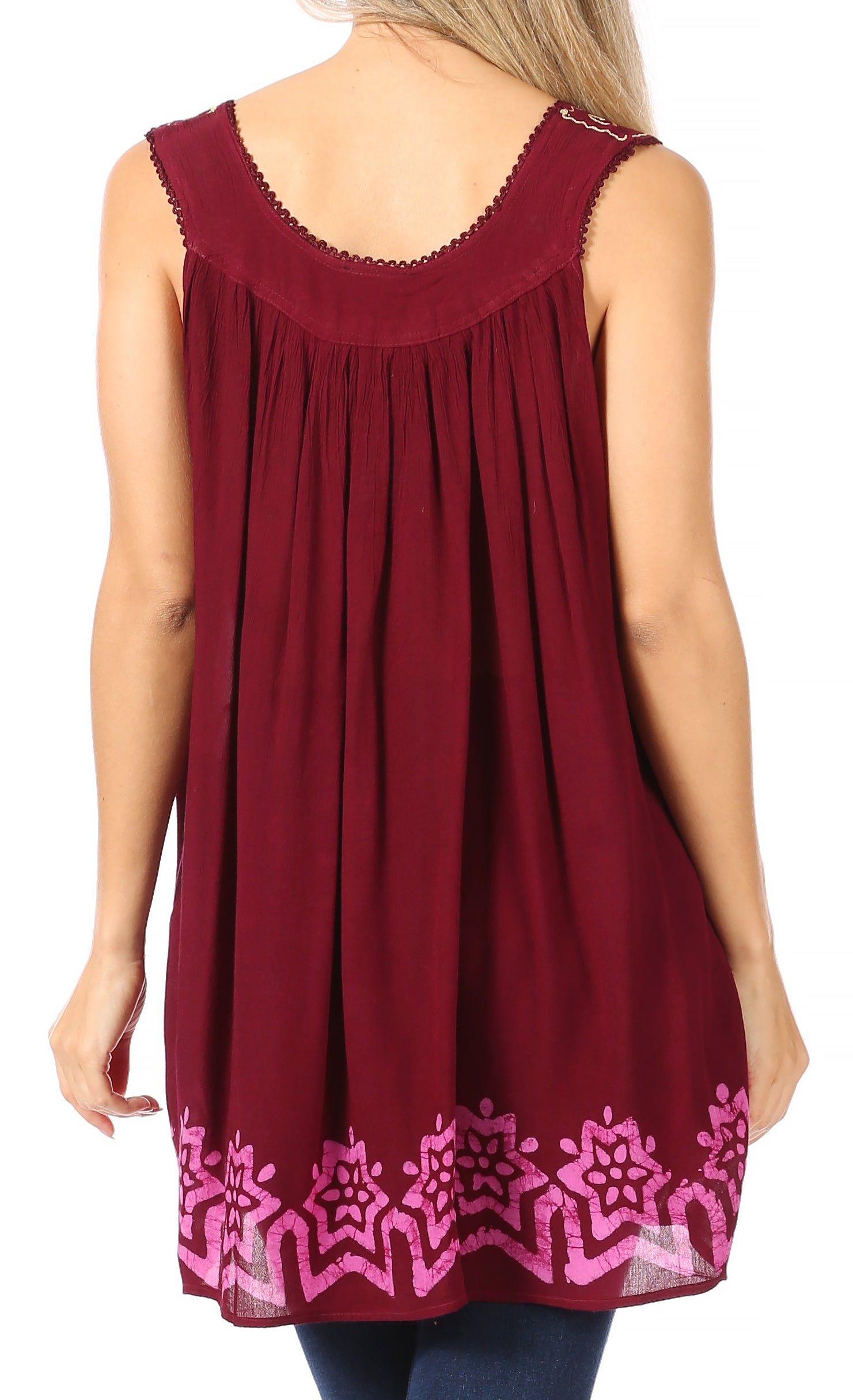 Maroon sleeveless top with pink floral patterns on a white background