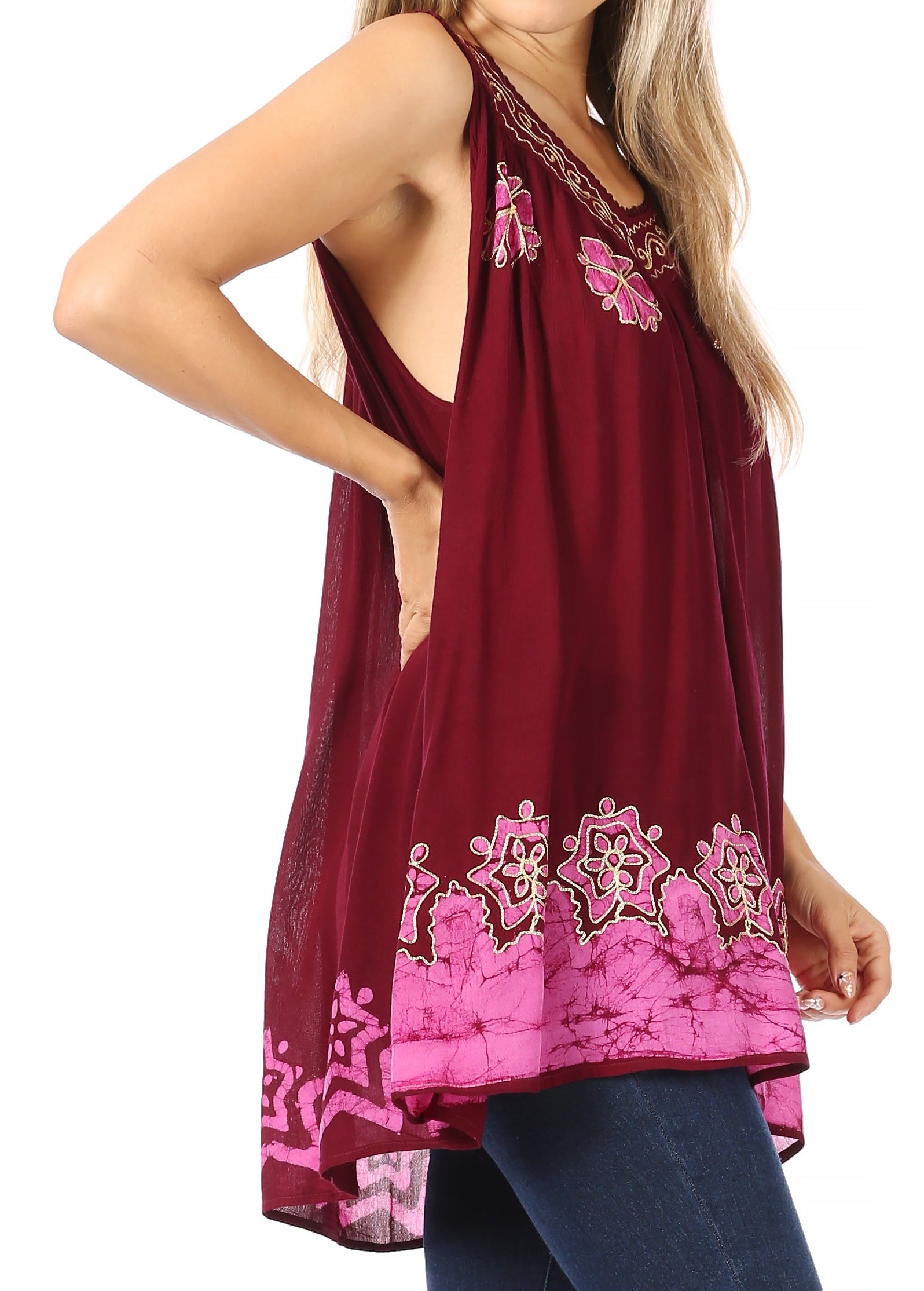 Maroon sleeveless top with pink floral embroidery worn by a person on a white background