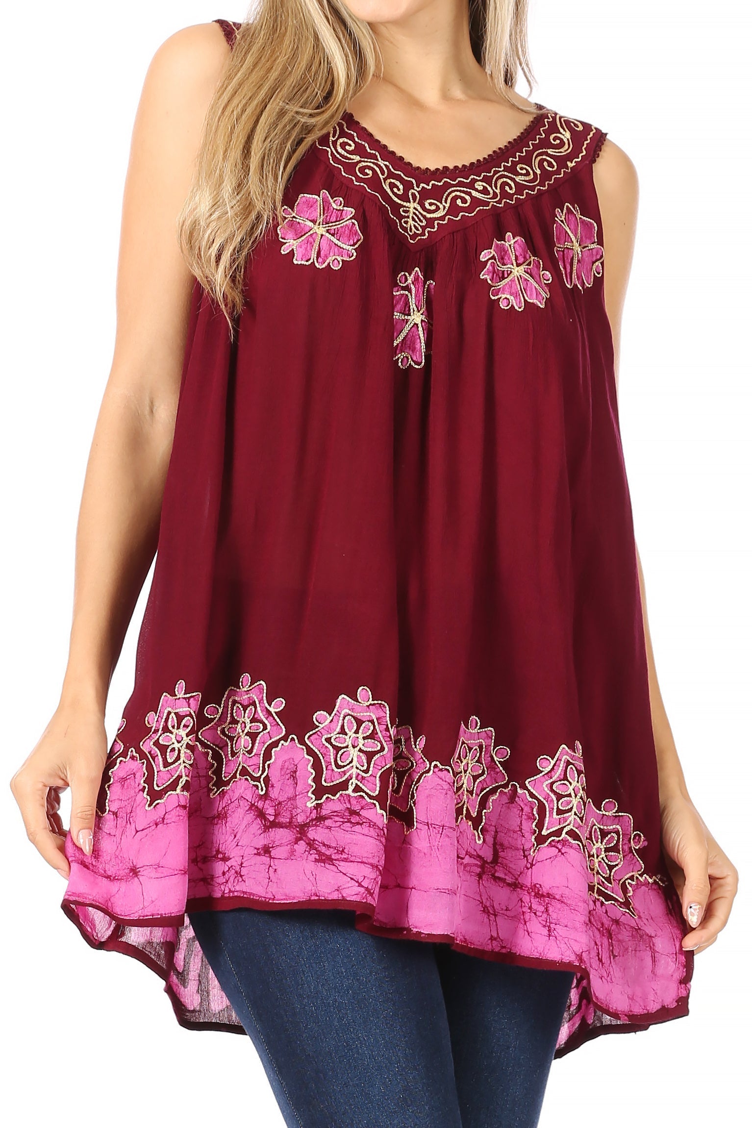 Maroon sleeveless top with pink floral embroidery worn by a person.