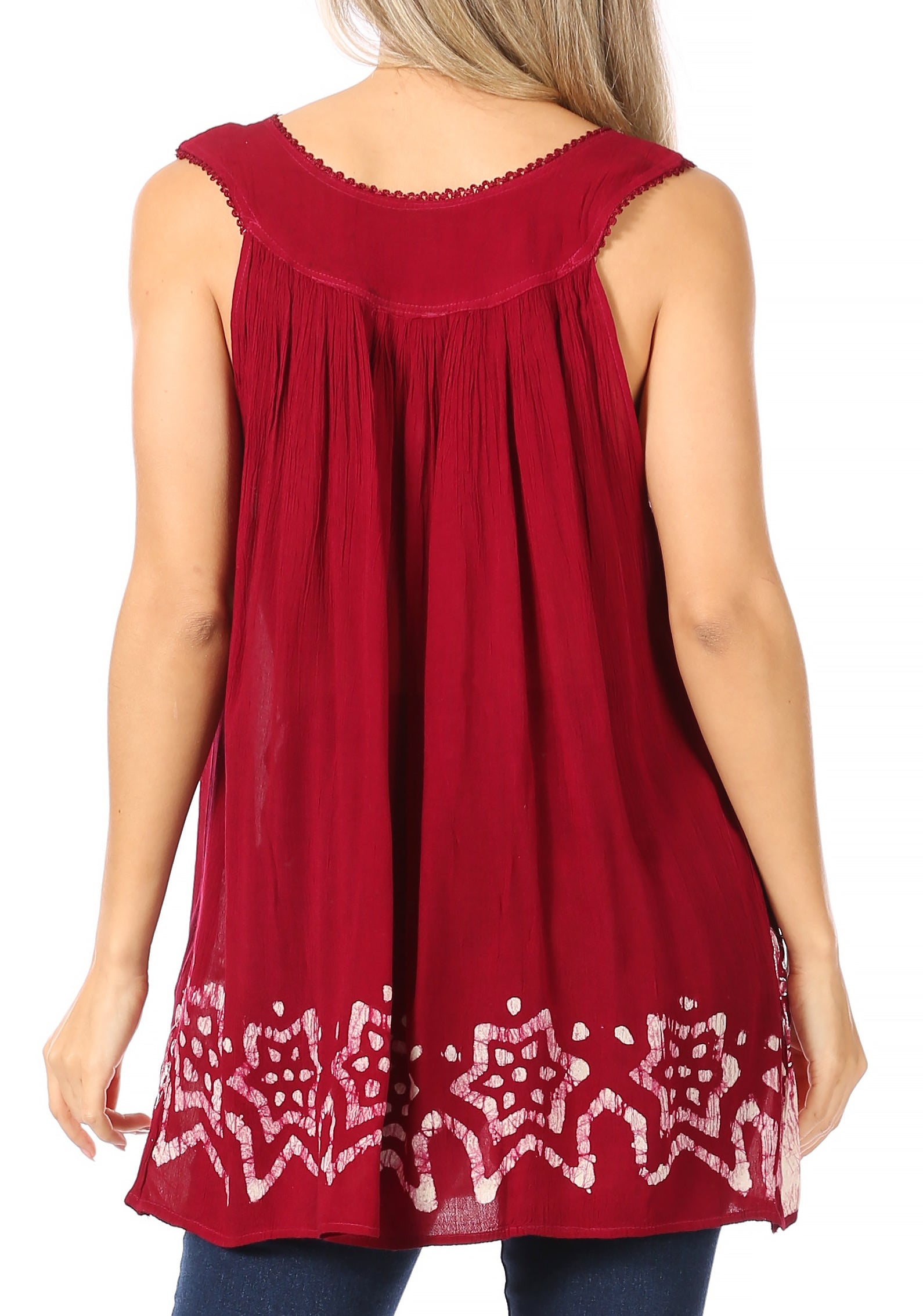 Red sleeveless top with white lace details on a white background