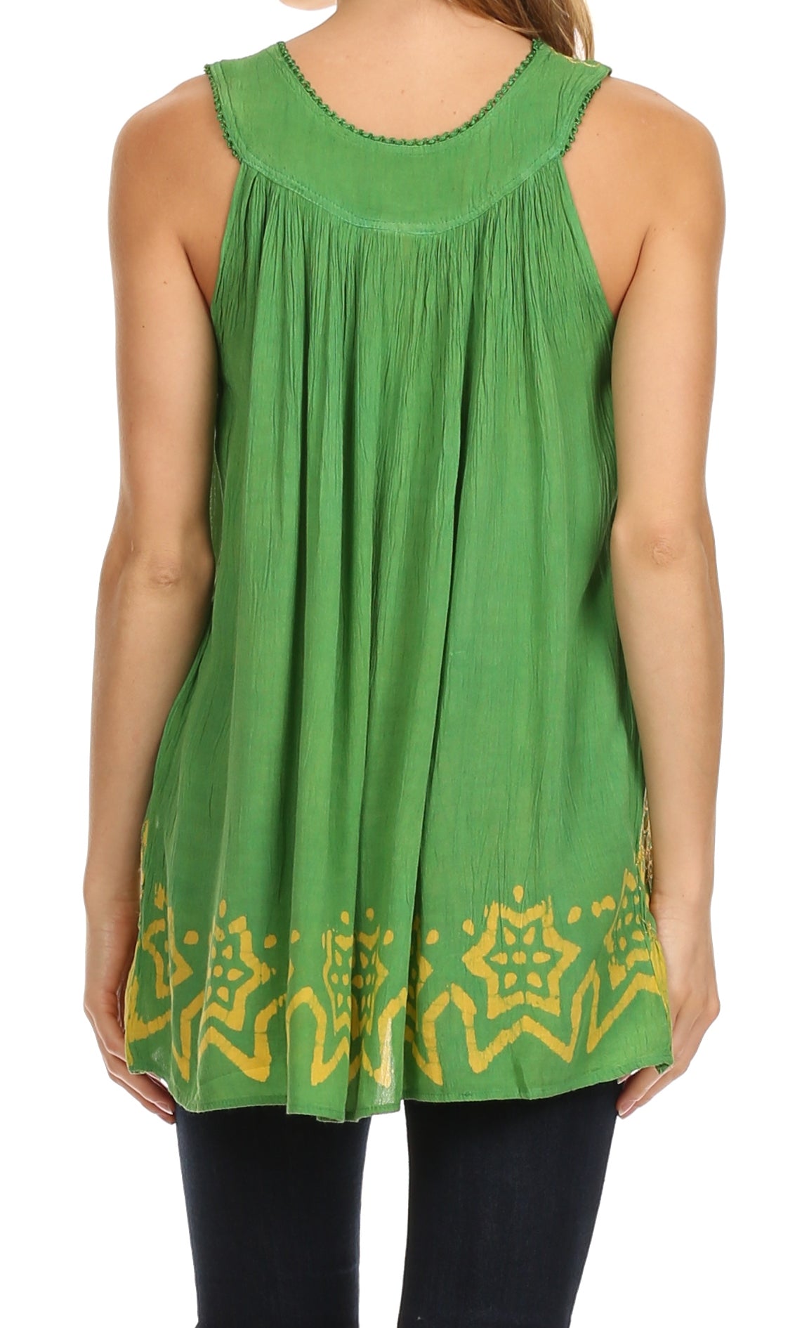 Green sleeveless top with yellow patterns on a white background