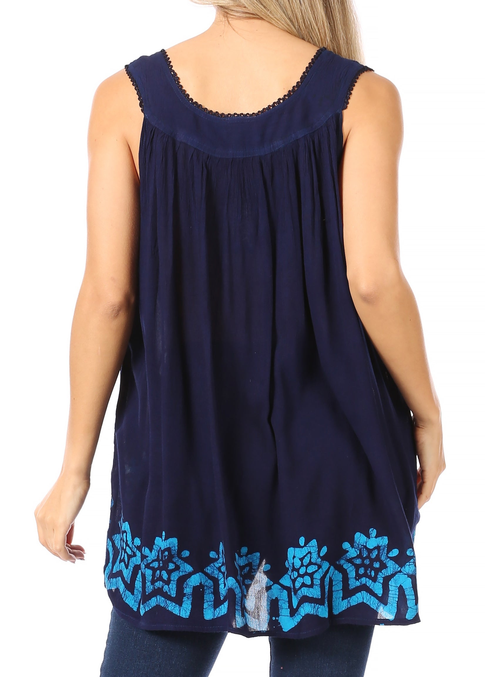 Navy sleeveless top with blue embroidery on a white background
