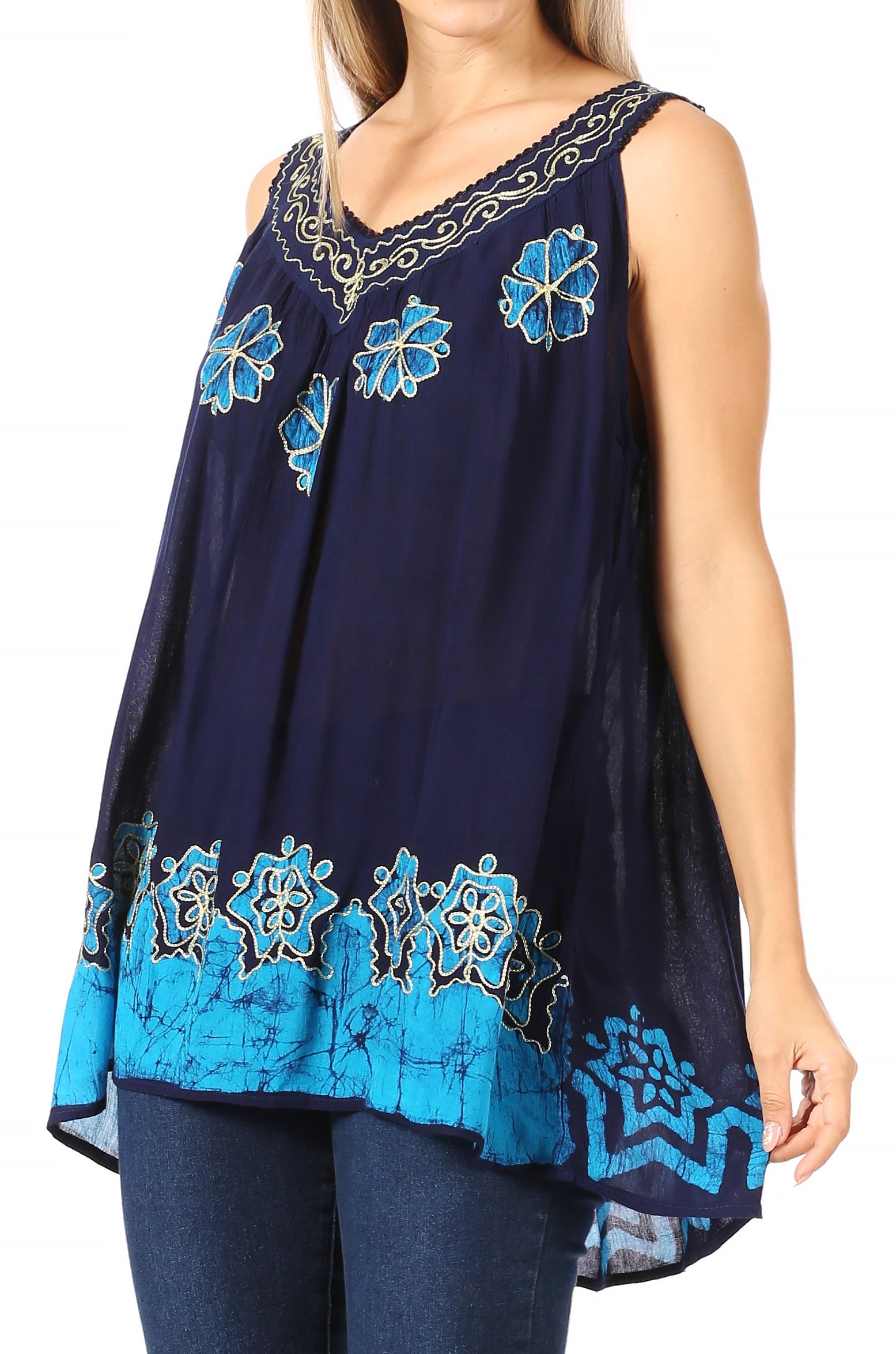 Navy blue sleeveless top with turquoise floral embroidery on a white background