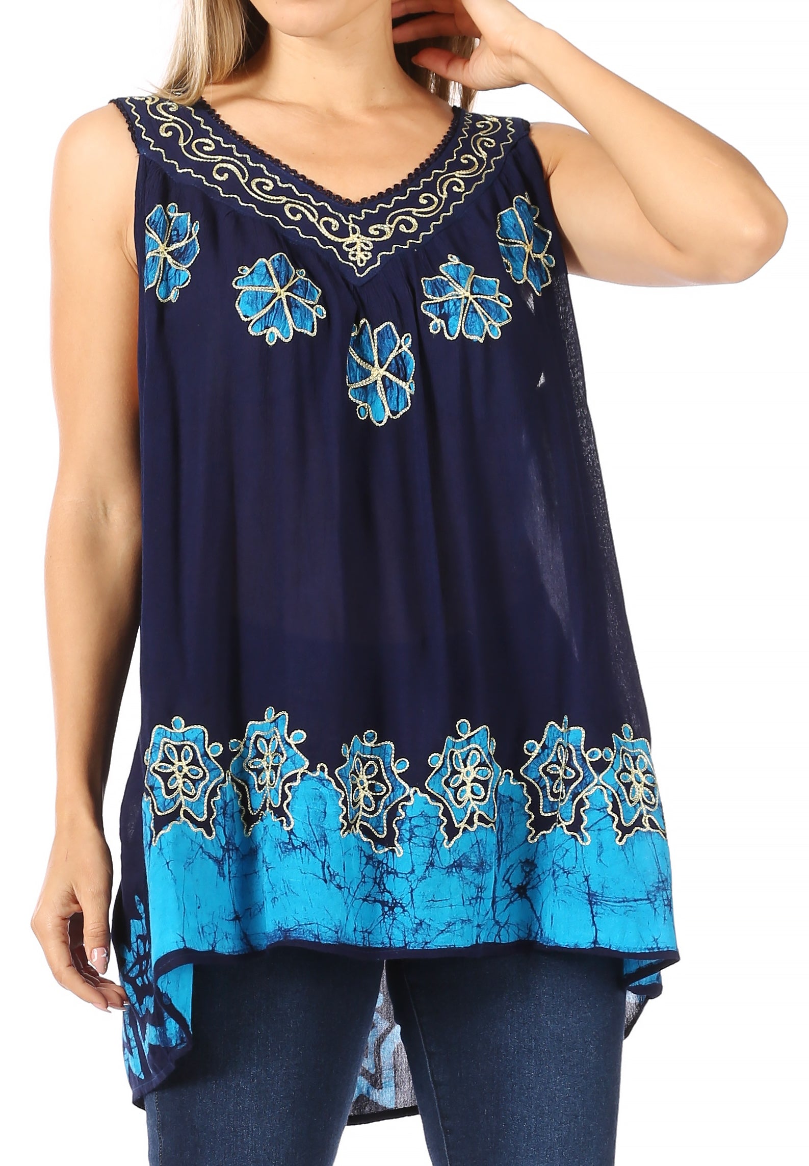Navy blue sleeveless top with blue floral embroidery on a white background