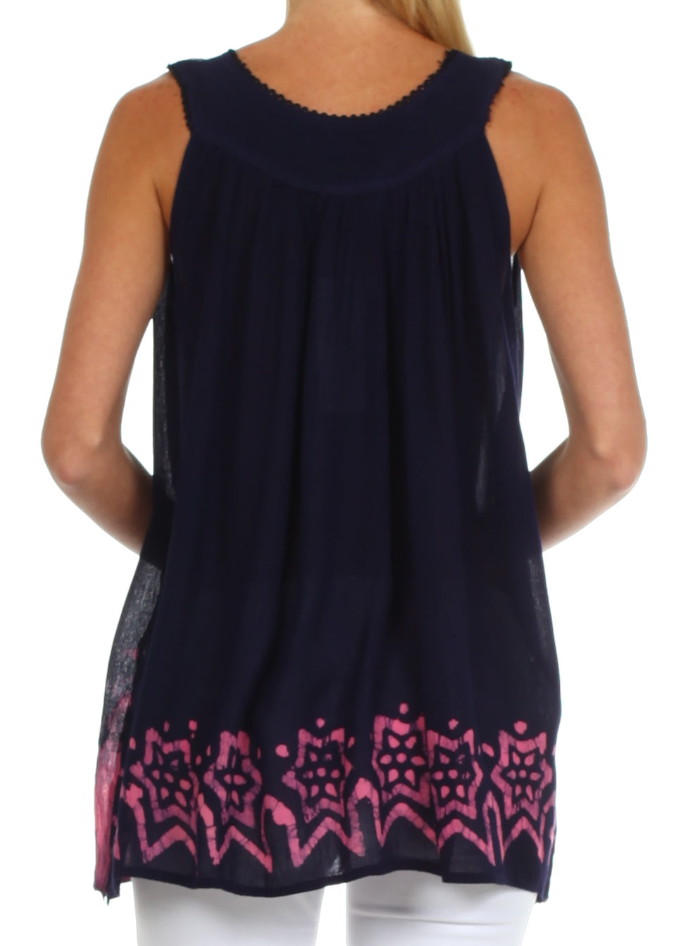 Navy sleeveless top with pink patterned hem on a white background