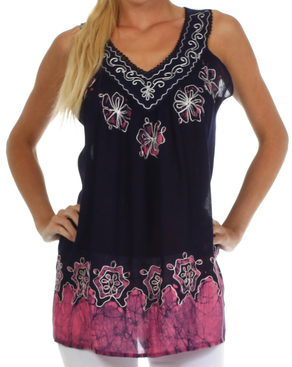 Navy blue sleeveless top with pink floral embroidery on a white background