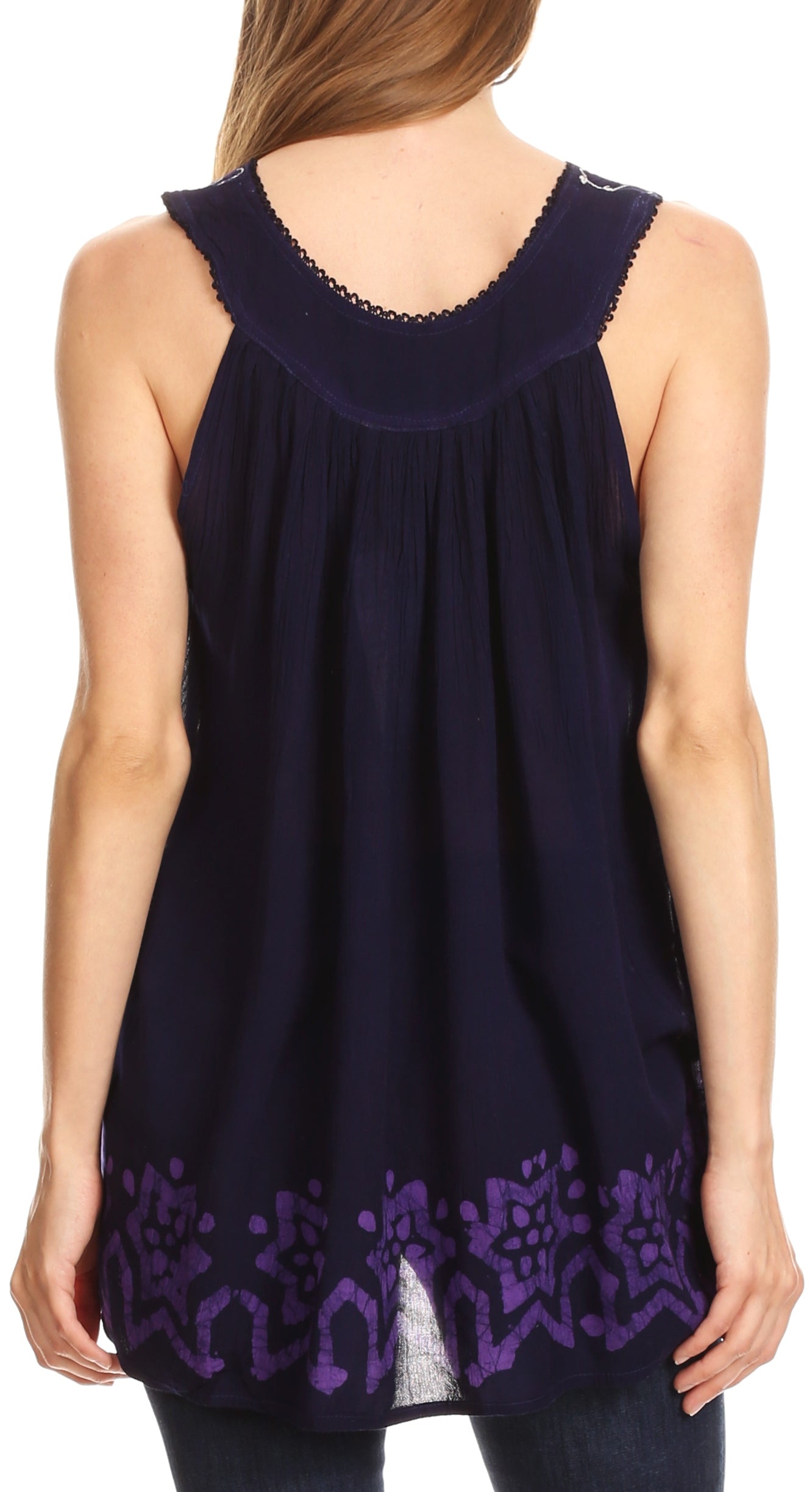 Navy sleeveless top with lace detailing on a white background