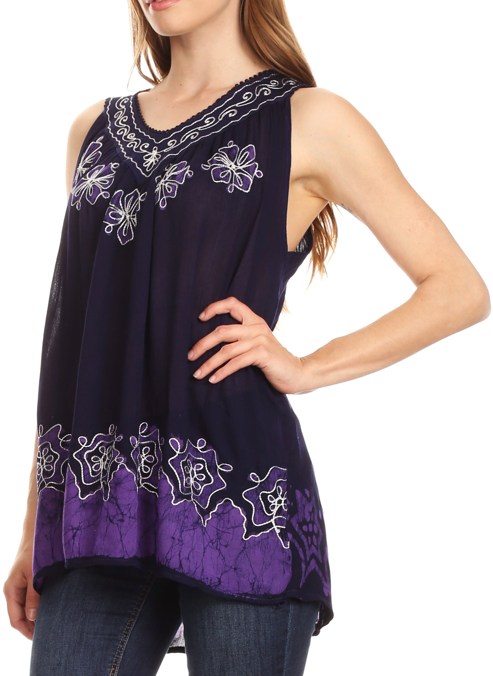 Navy blue sleeveless top with butterfly embroidery on a white background