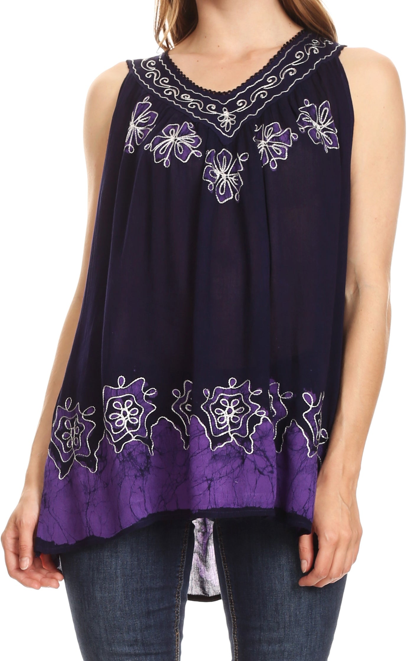 Purple sleeveless top with floral embroidery on a white background