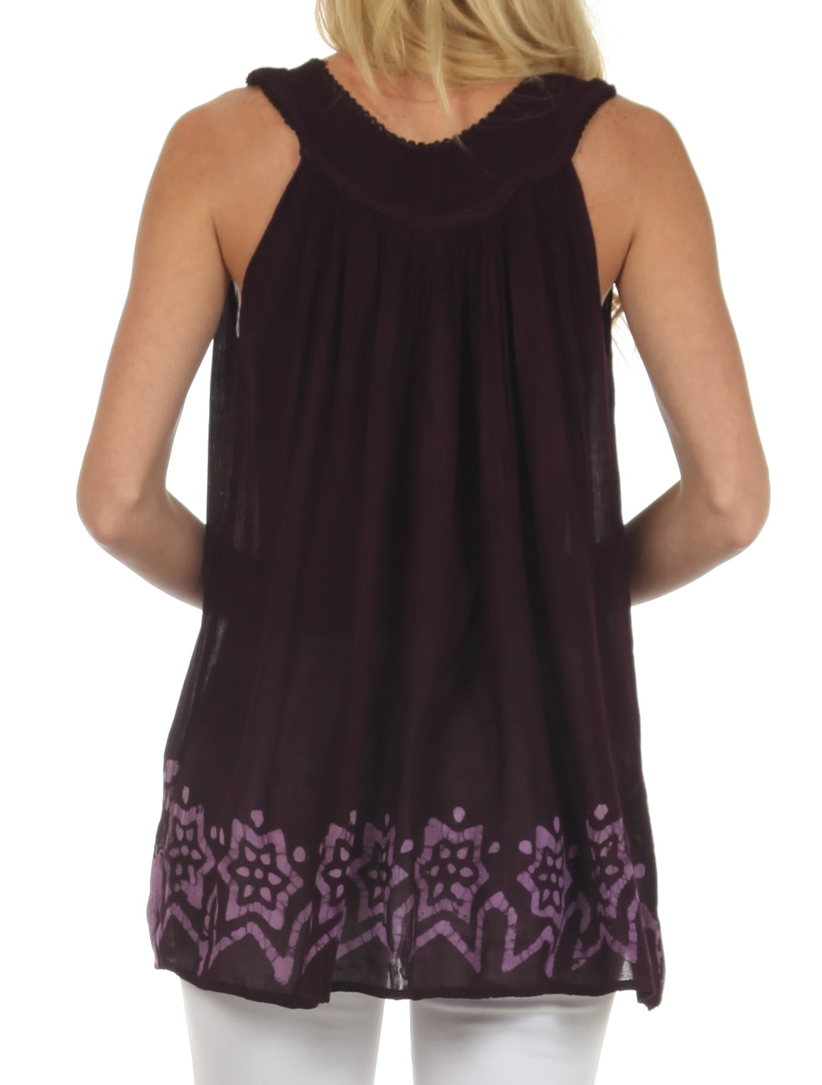 Dark purple sleeveless top with floral pattern on a white background