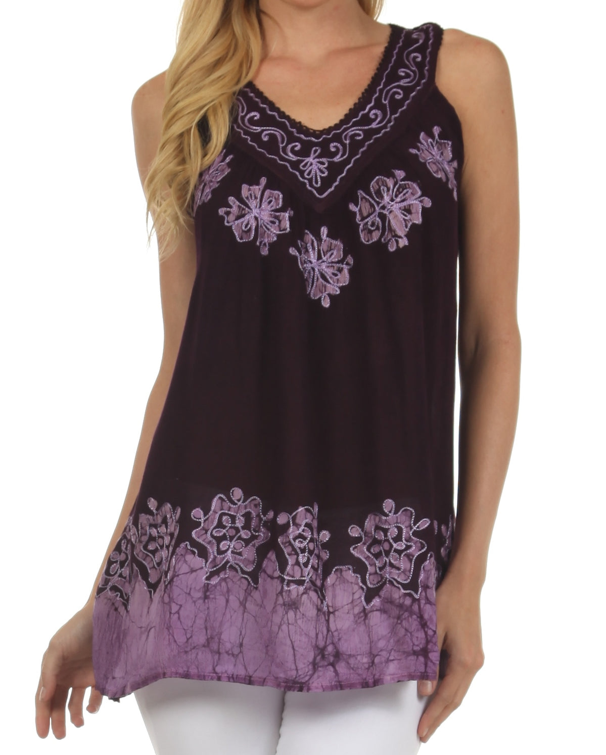 Black sleeveless top with purple floral embroidery on a white background