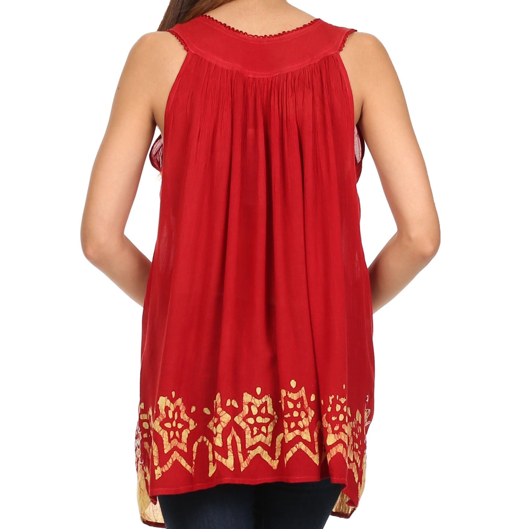 Red sleeveless top with gold embroidery on a white background