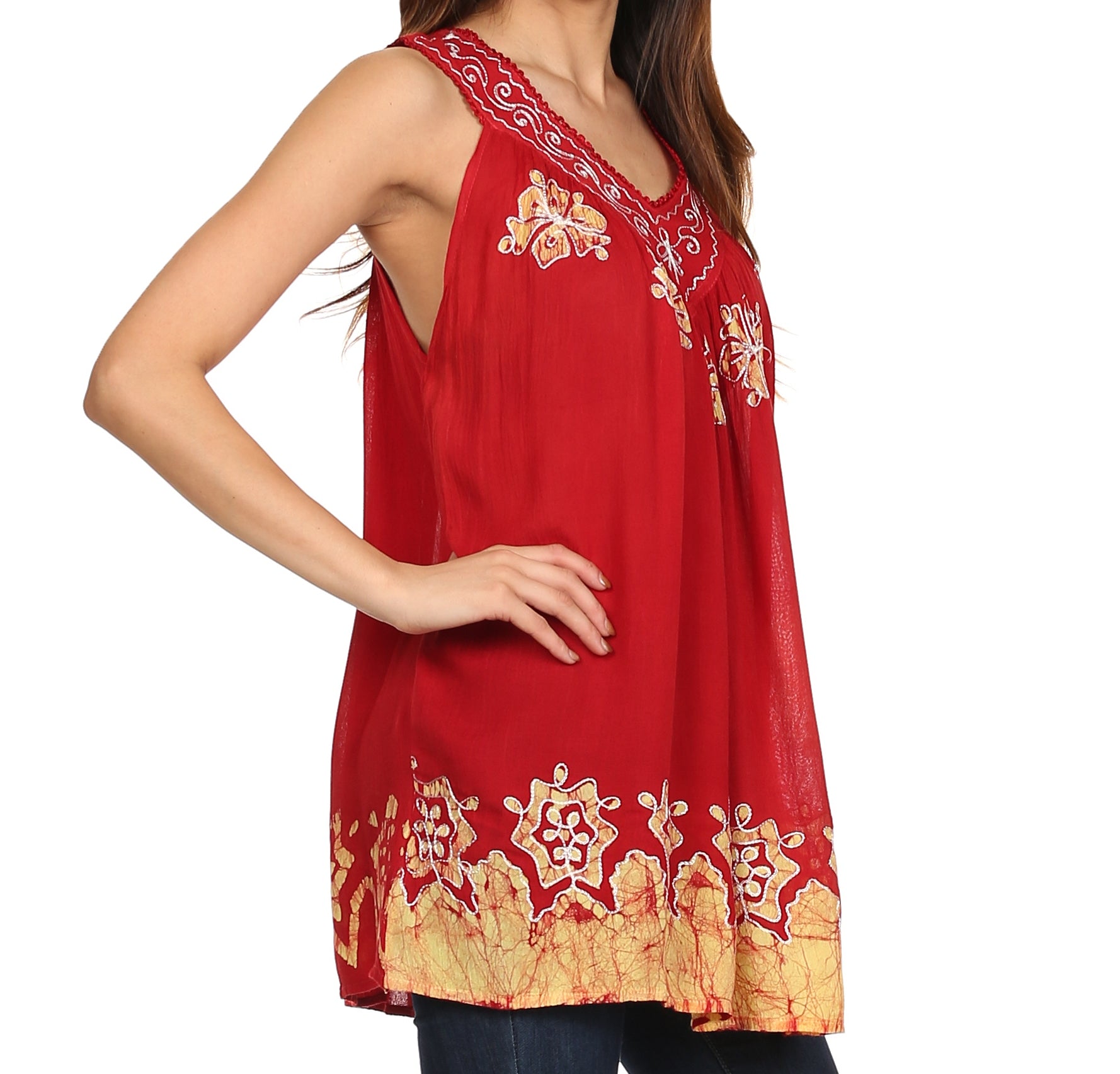 Red sleeveless top with gold embroidery on a white background