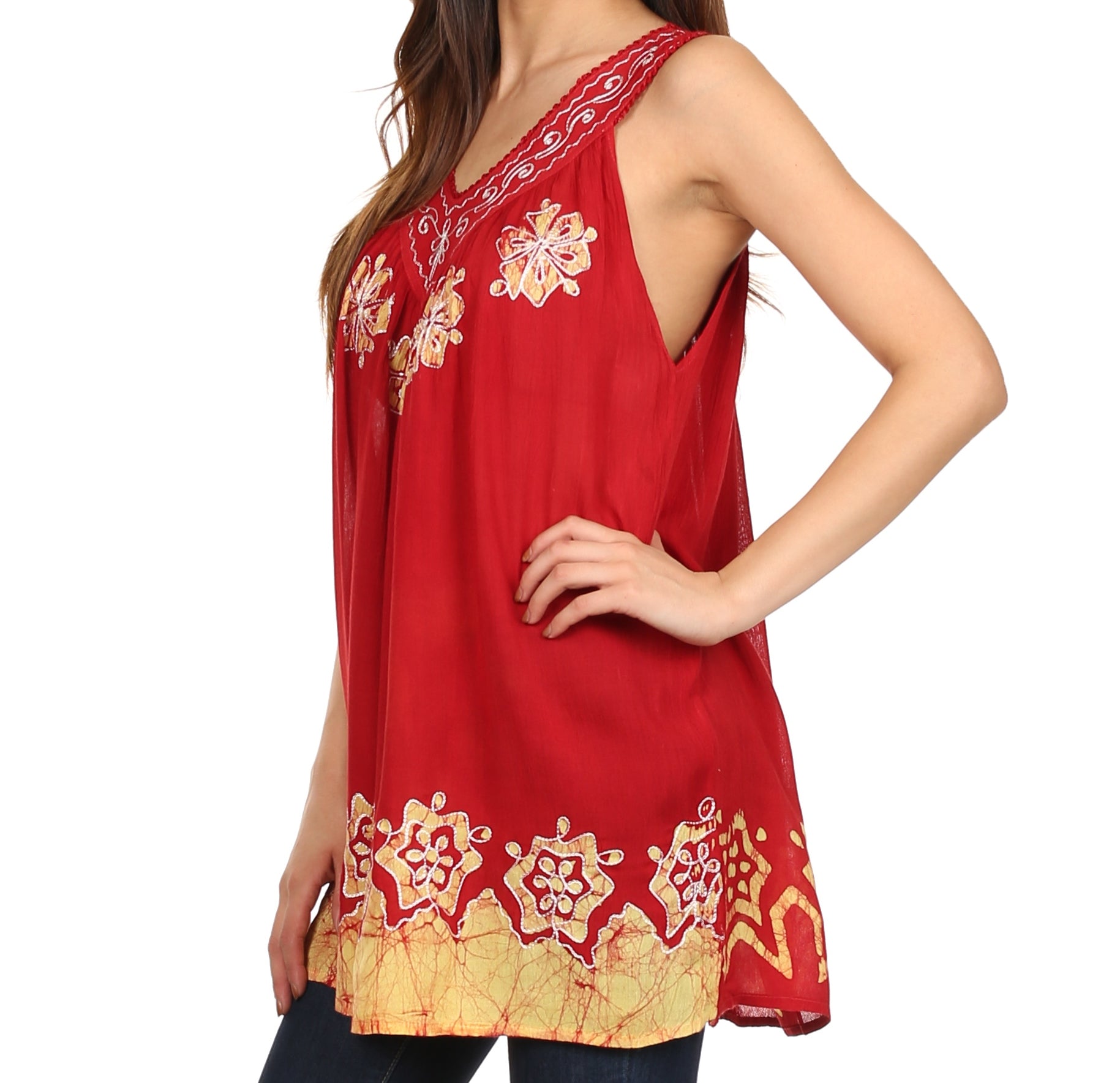 Red sleeveless top with yellow floral embroidery on a white background