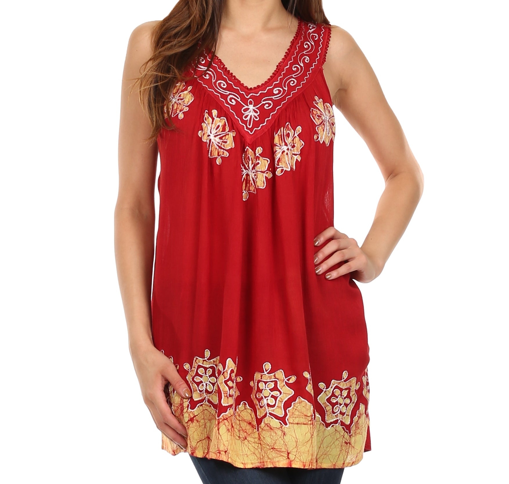 Red sleeveless top with floral embroidery on a white background