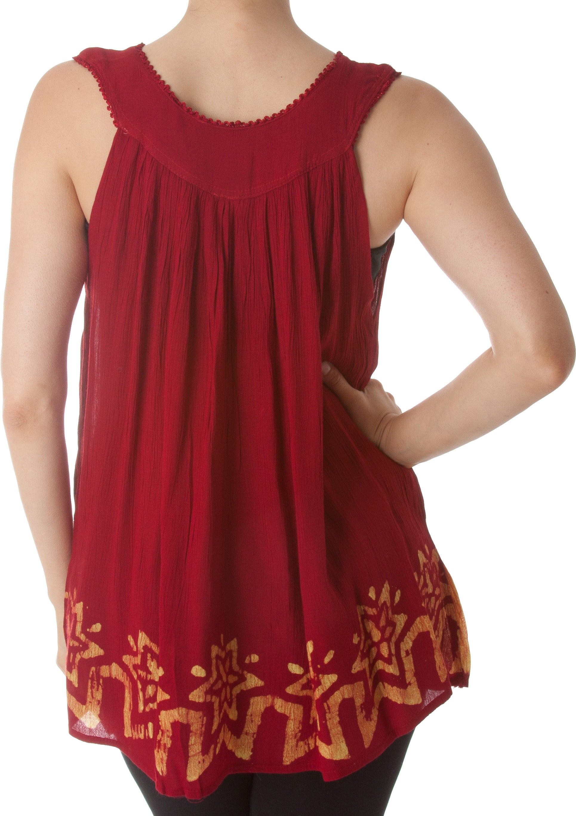 Red sleeveless top with gold embroidery on a white background