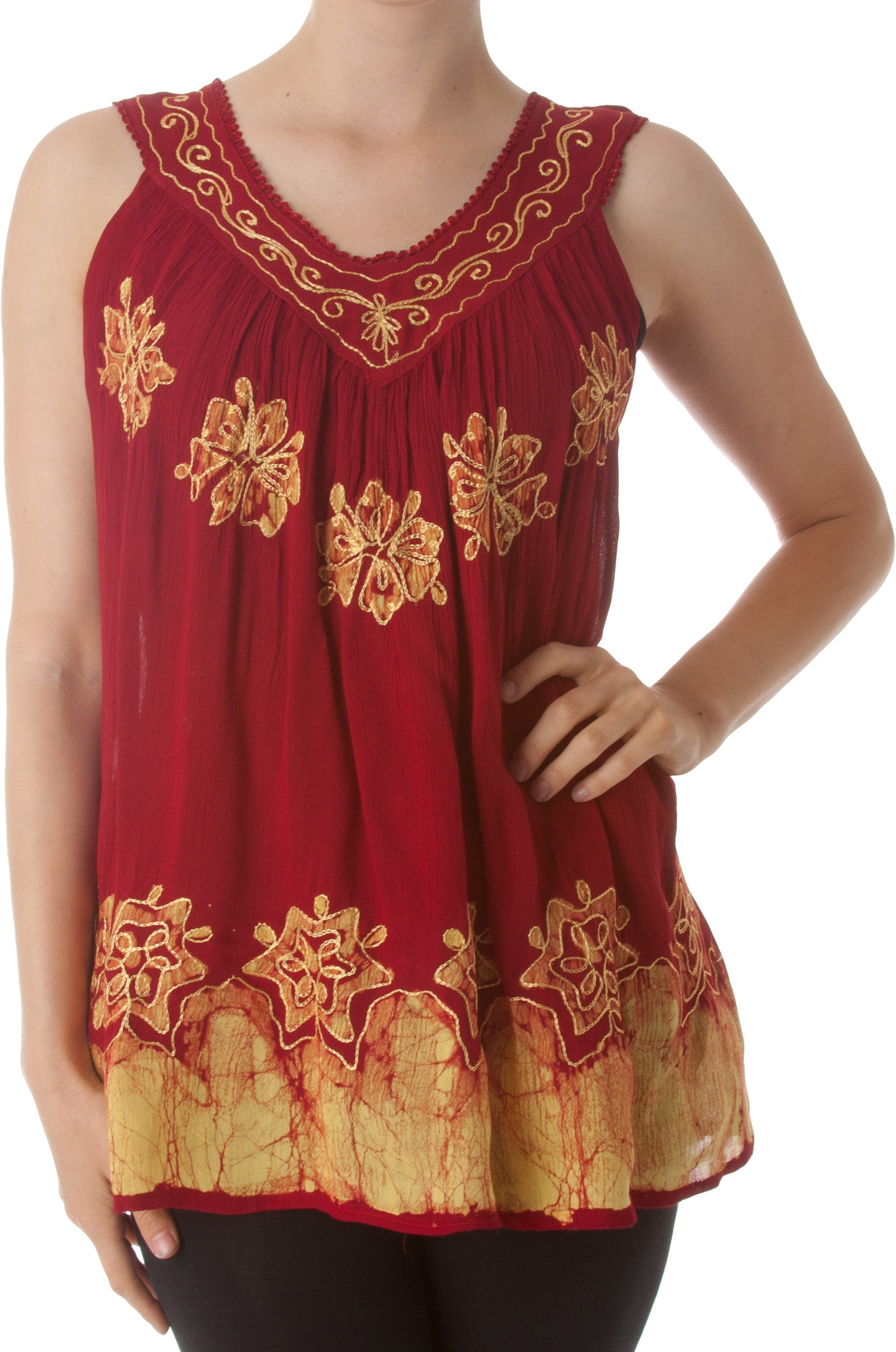 Red sleeveless top with gold floral embroidery on a white background