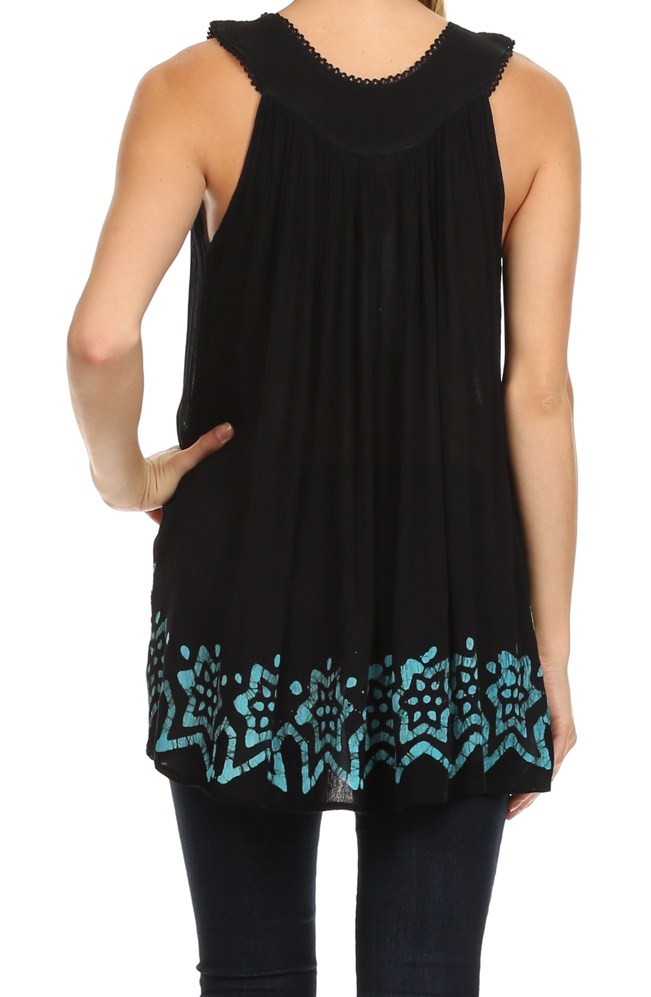 Black sleeveless top with turquoise patterns on a white background