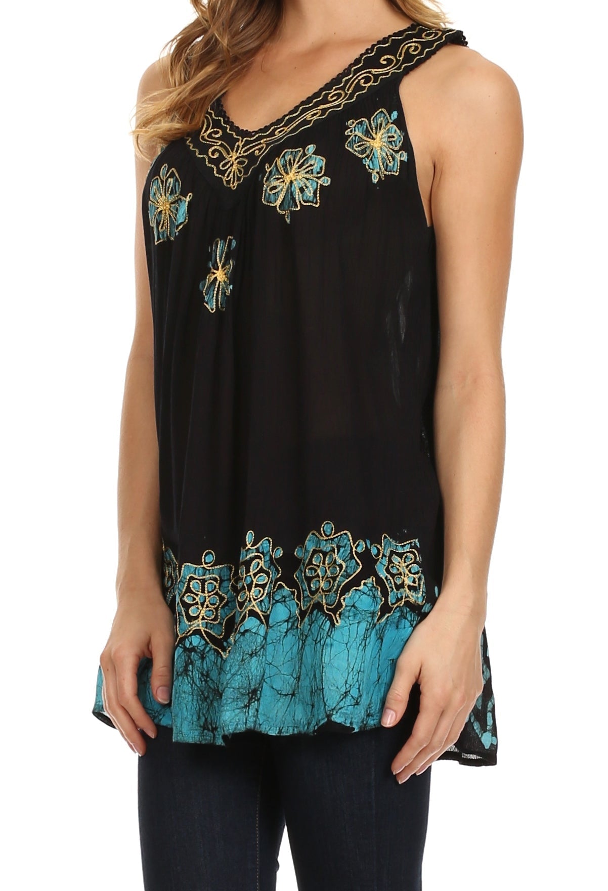 Black sleeveless top with teal embroidery on a white background