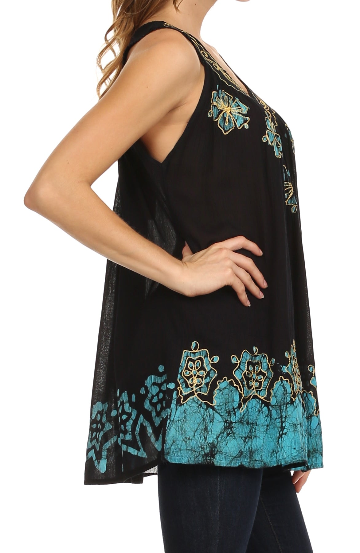 Black sleeveless top with teal floral embroidery on a white background