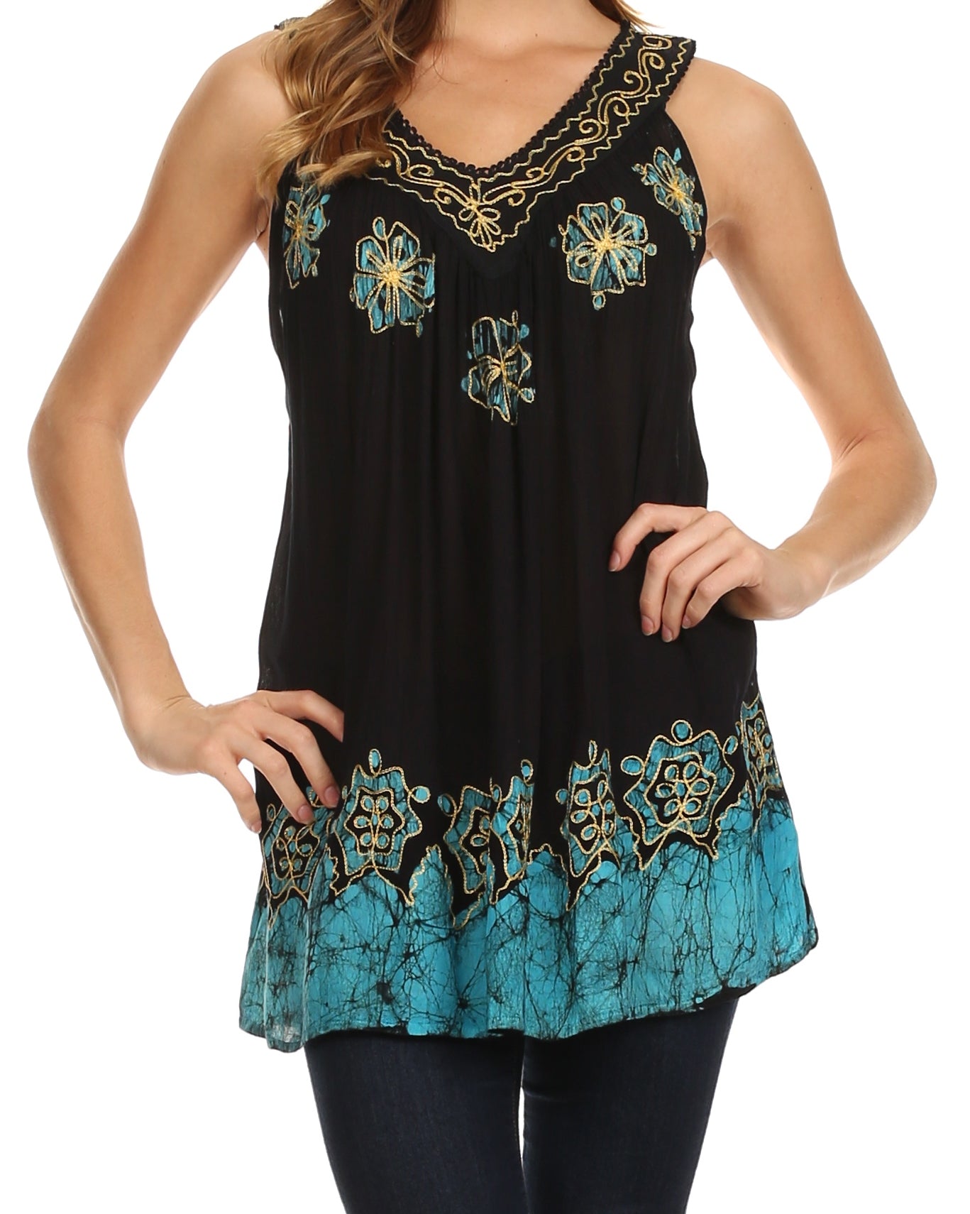 Black sleeveless top with teal floral embroidery on a white background