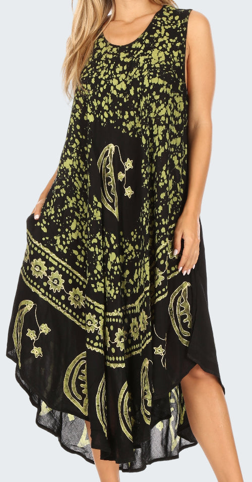 Black dress with yellow floral patterns worn by a model on a white background