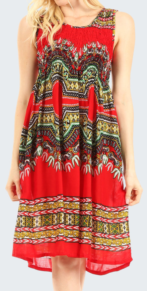 Red dress with colorful pattern worn by a person on a white background