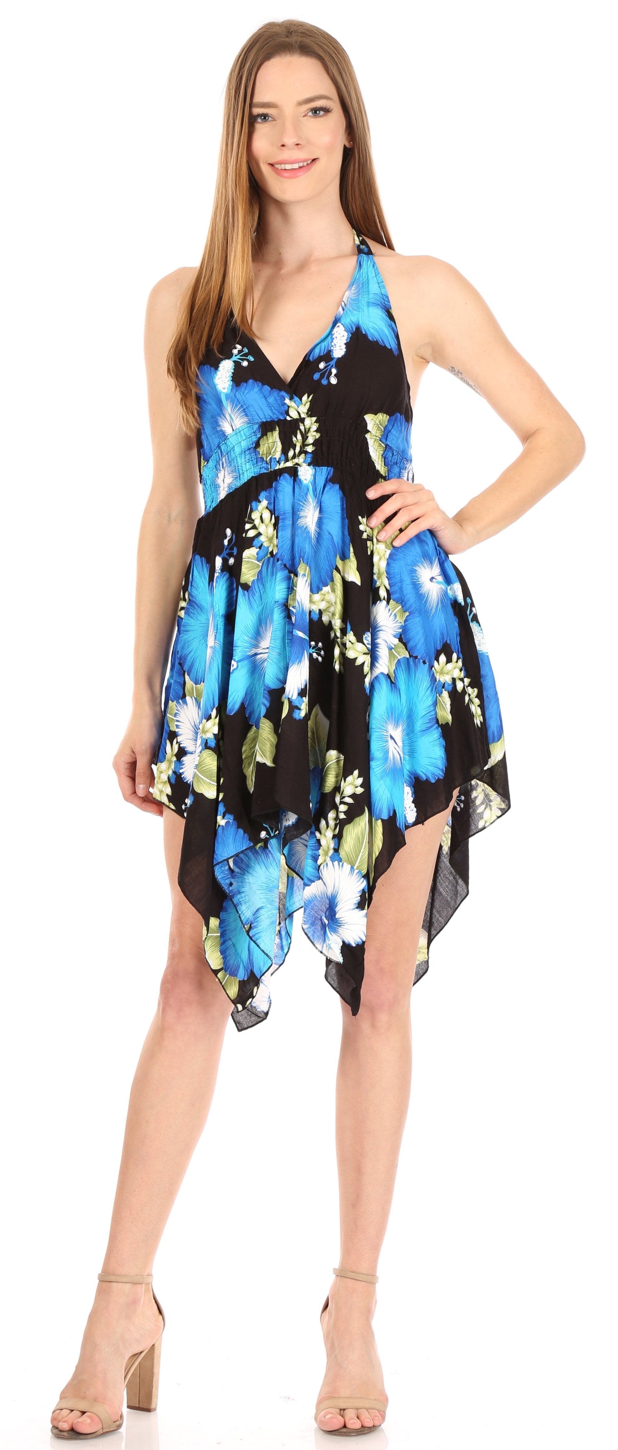 Sakkas - Svana V-neck Spaghetti Strap Floral Print Dress