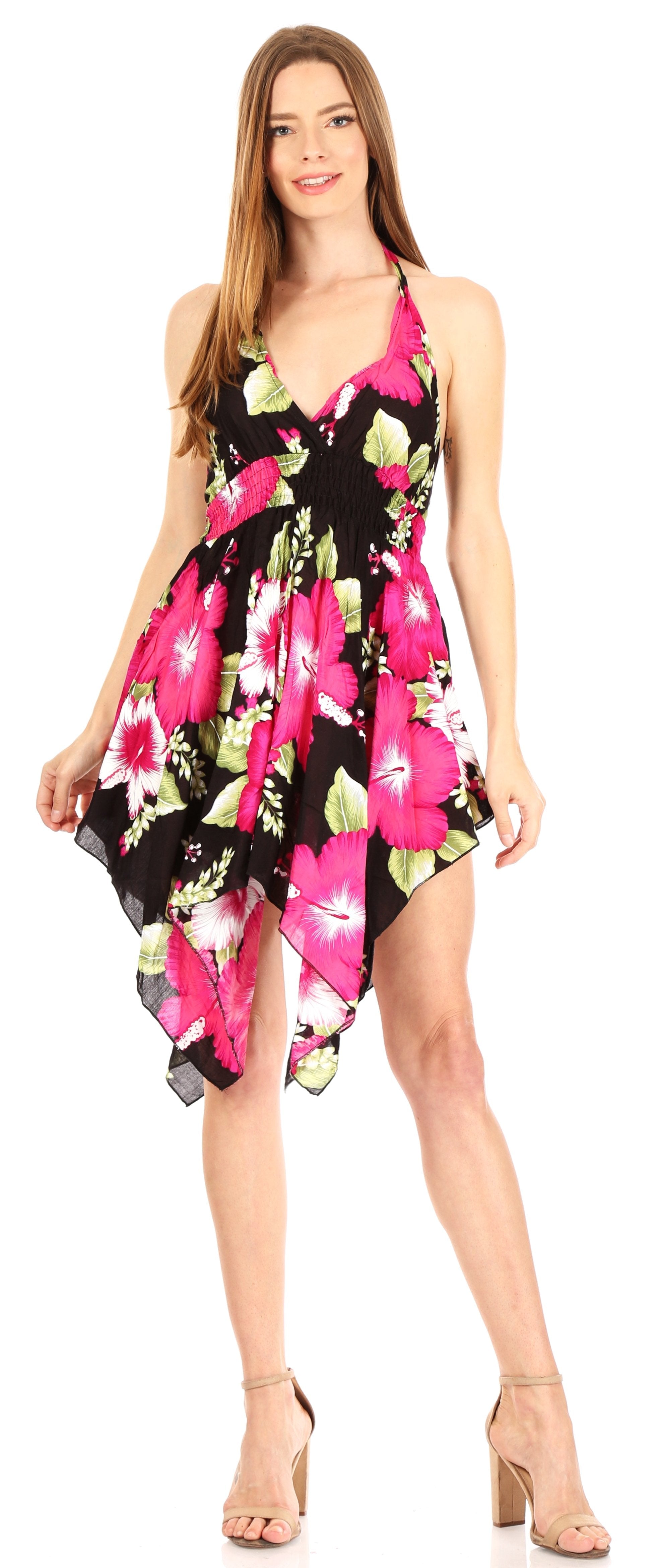Sakkas - Svana V-neck Spaghetti Strap Floral Print Dress