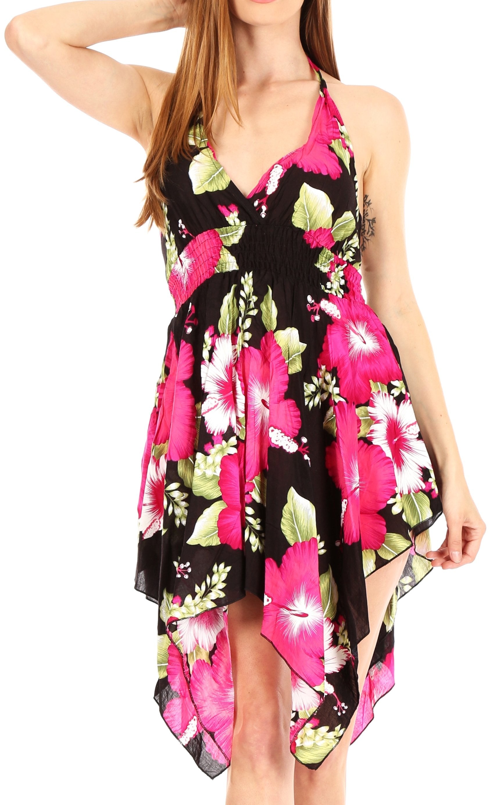 Sakkas - Svana V-neck Spaghetti Strap Floral Print Dress