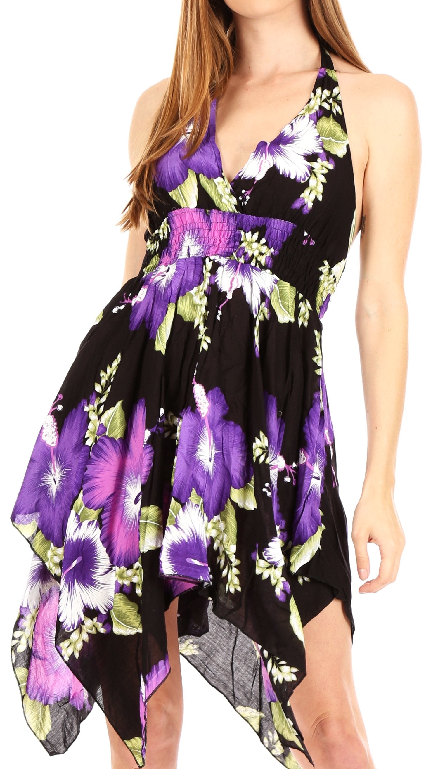 Sakkas - Svana V-neck Spaghetti Strap Floral Print Dress