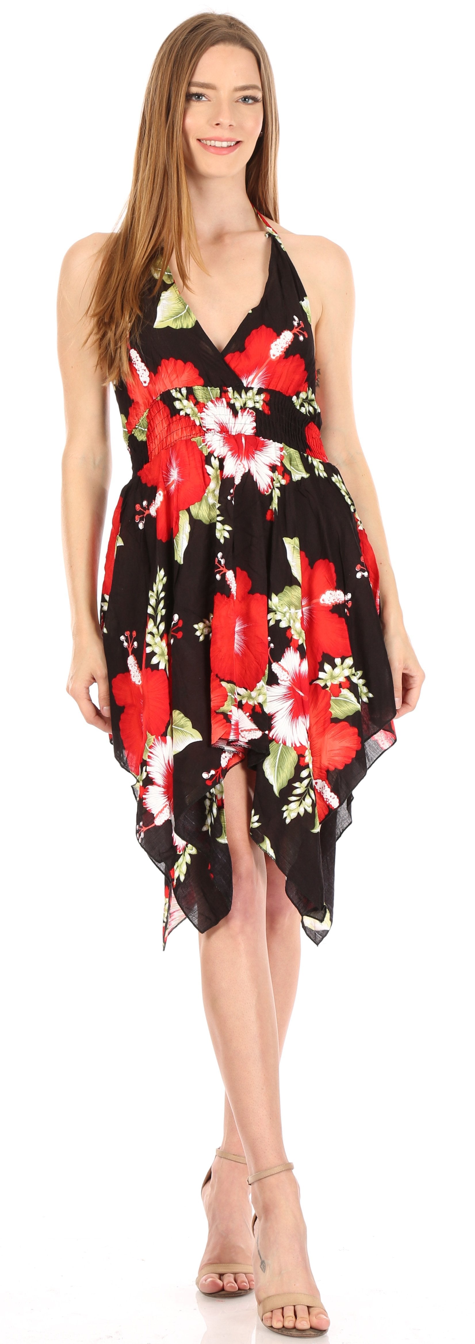 Sakkas - Svana V-neck Spaghetti Strap Floral Print Dress