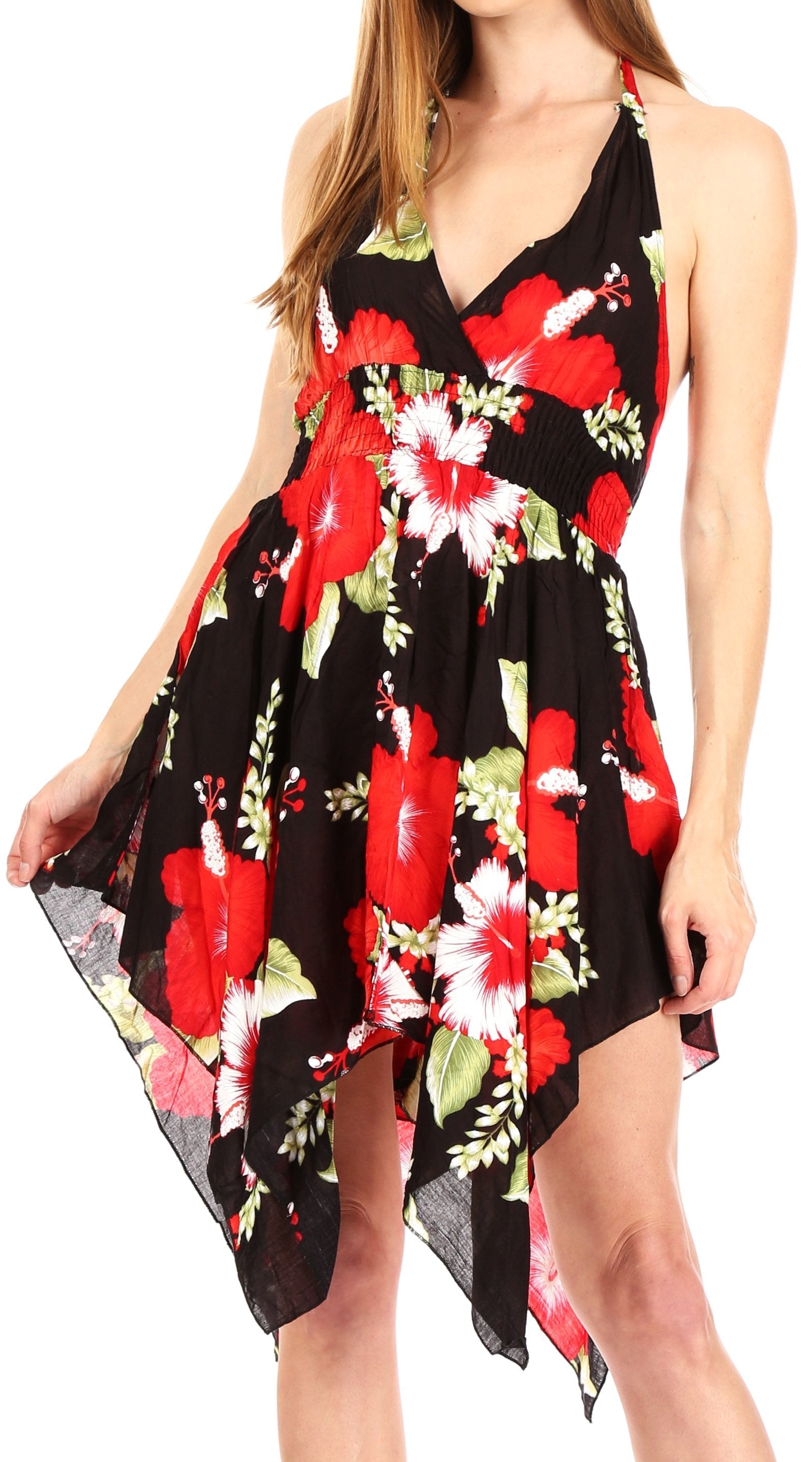 Sakkas - Svana V-neck Spaghetti Strap Floral Print Dress