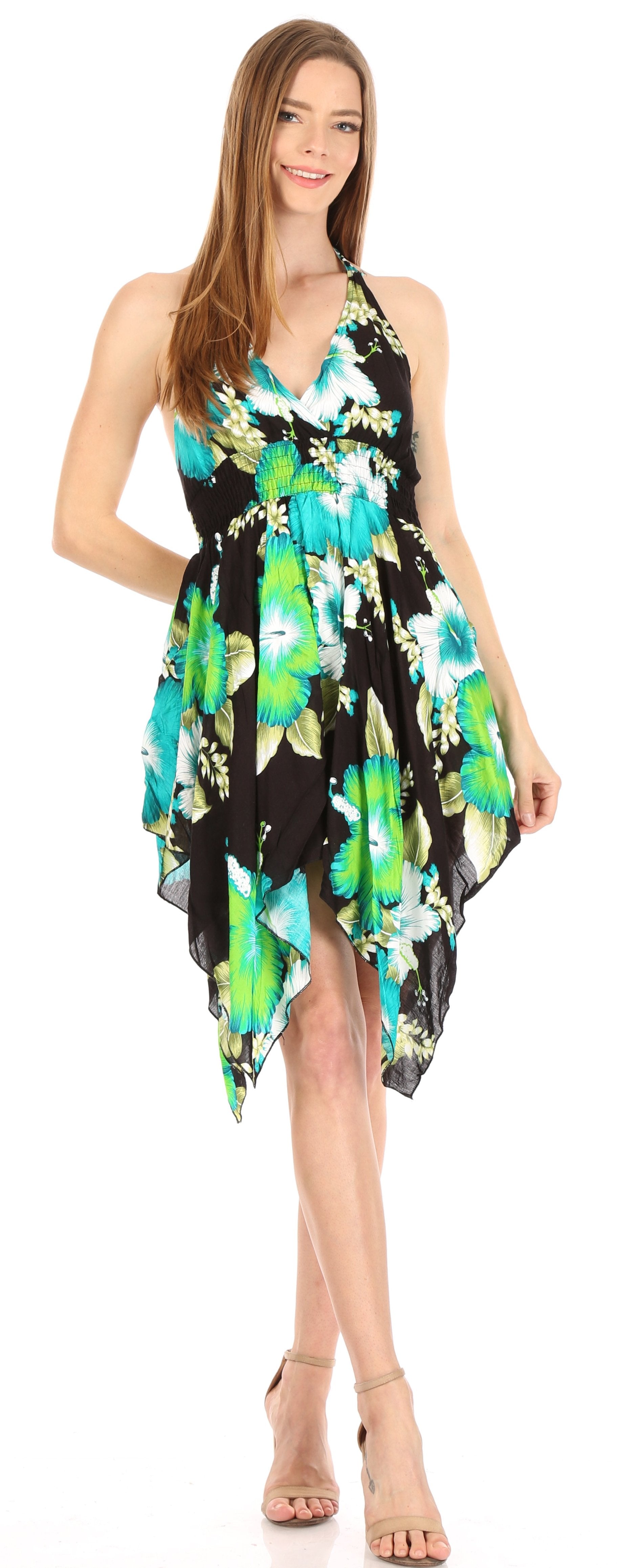 Sakkas - Svana V-neck Spaghetti Strap Floral Print Dress