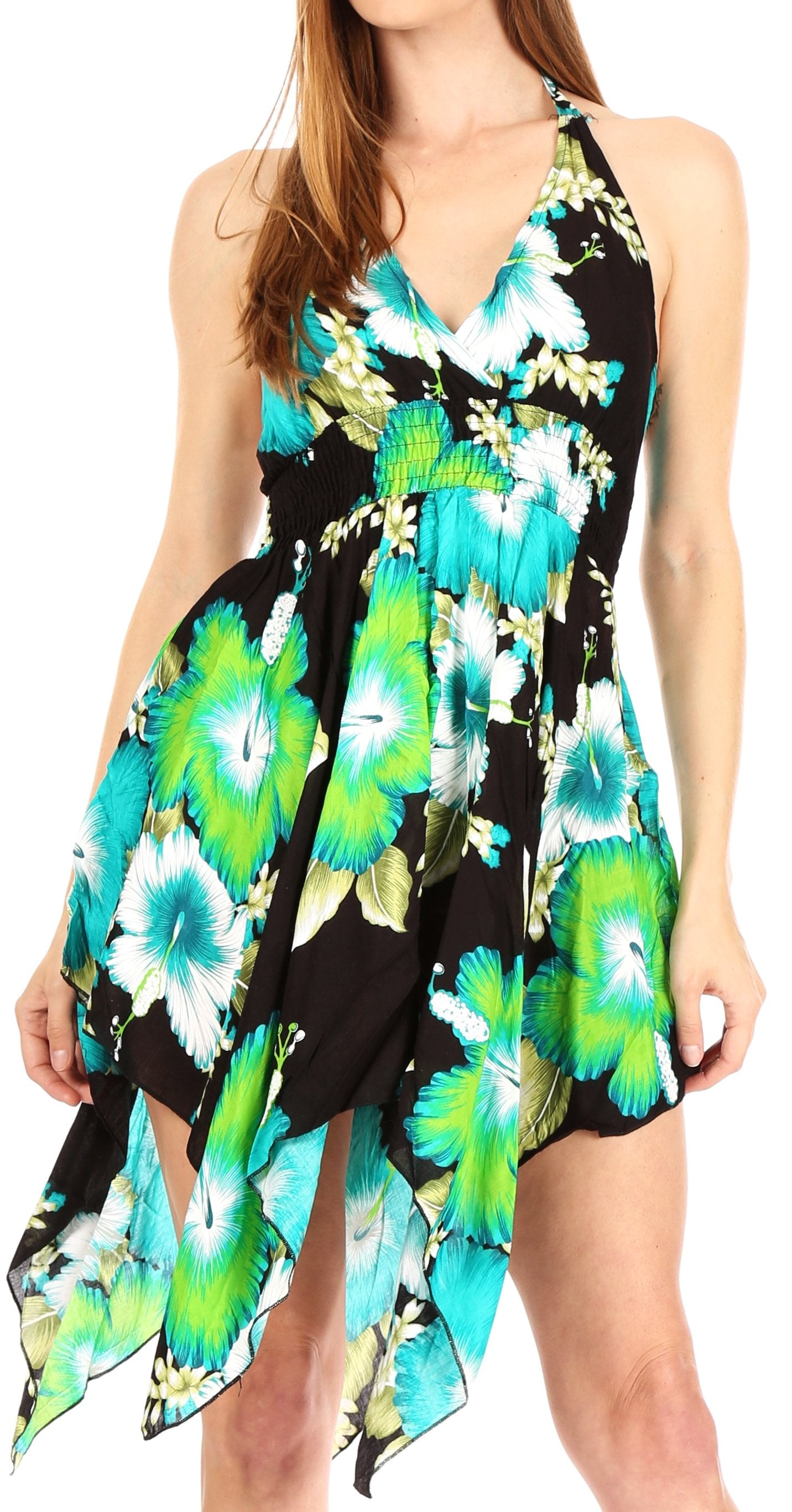 Sakkas - Svana V-neck Spaghetti Strap Floral Print Dress
