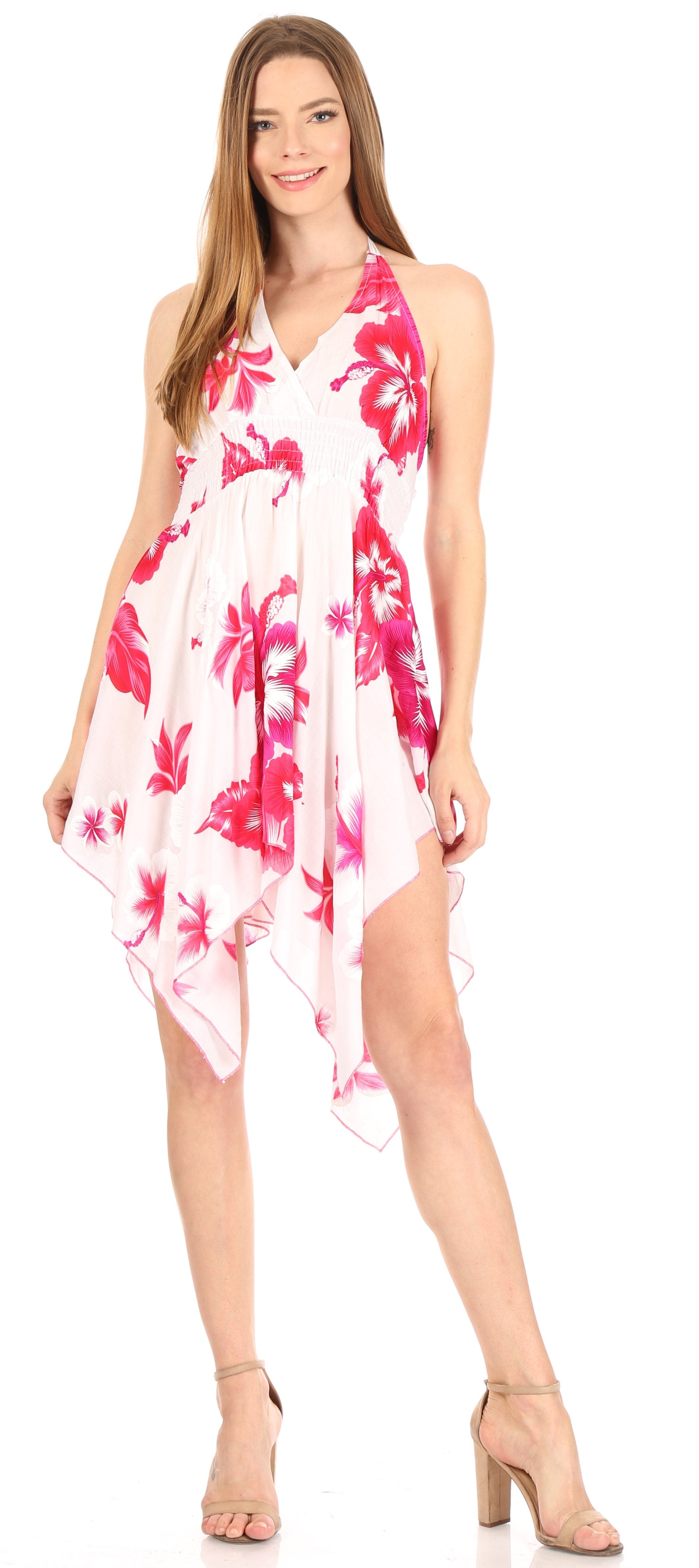 Sakkas - Svana V-neck Spaghetti Strap Floral Print Dress