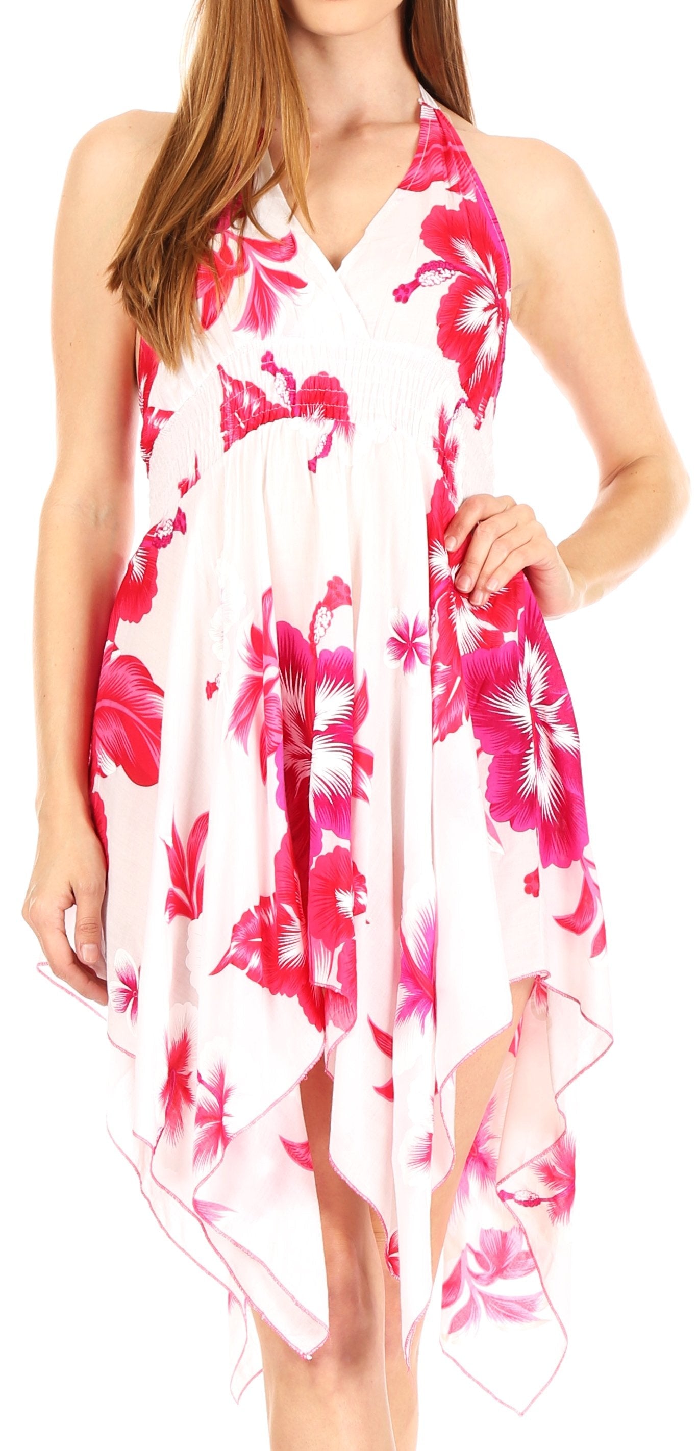 Sakkas - Svana V-neck Spaghetti Strap Floral Print Dress