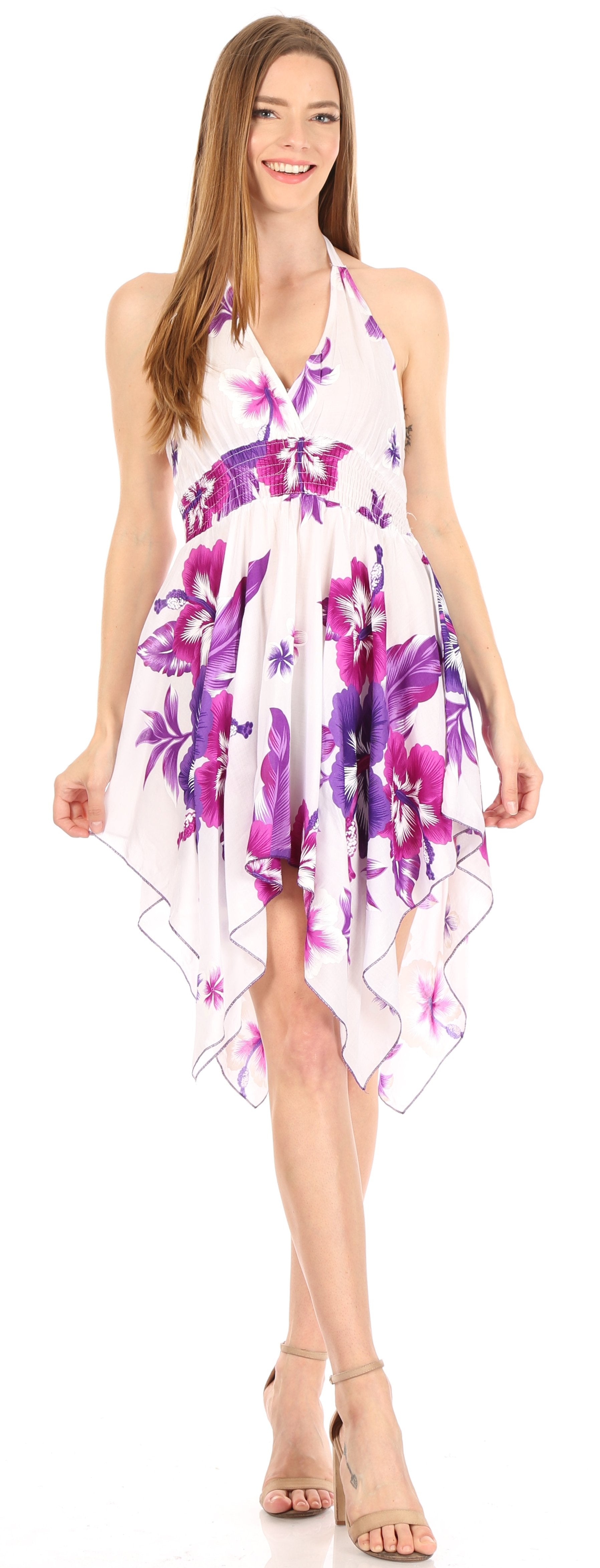 Sakkas - Svana V-neck Spaghetti Strap Floral Print Dress